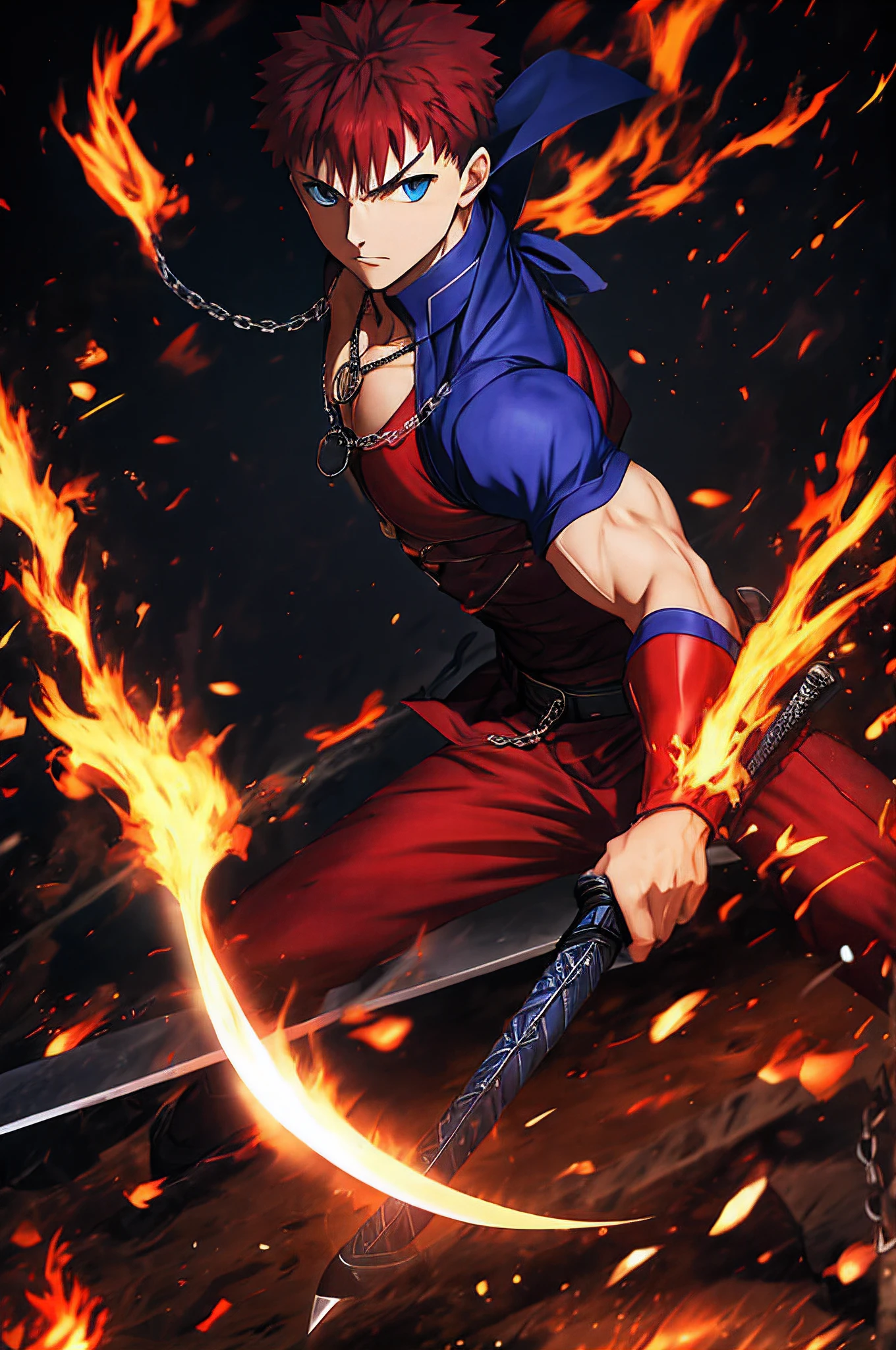 (best quality,4k,highres,masterpiece:1.2),ultra-detailed,realistic:1.37,persona,red suit,(Shirou Emiya:1.1),determined expression,piercing blue eyes,black spiky hair,(projection magic:1.1),burning flames,(Trace On:1.1),excalibur,magic circle,heroic spirit,command seals,fate/stay night,Unlimited Blade Works,blades shining in the darkness,(battle-ready:1.1),strengthened arm,steel reinforcement,protagonist,(Appraisal:1.1),invisible sword,red pendant with silver chain,protector of justice,valorous knight    注：Many of Shiriou's images are battle scenes，Violence is involved，The prompts you complete are not to describe the scars of battle，I myself am clear that ippets can generate themselves