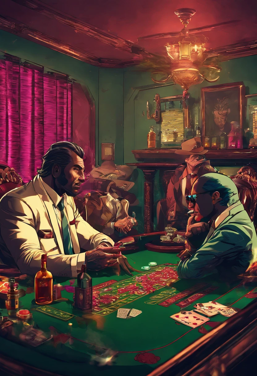 A luxurious and fashionable interior of a gangster's mansion, smoking cigars, playing poker, and drinking whiskey with friends. Moody and dark toned, black and white, high saturation and high-resolution photography.