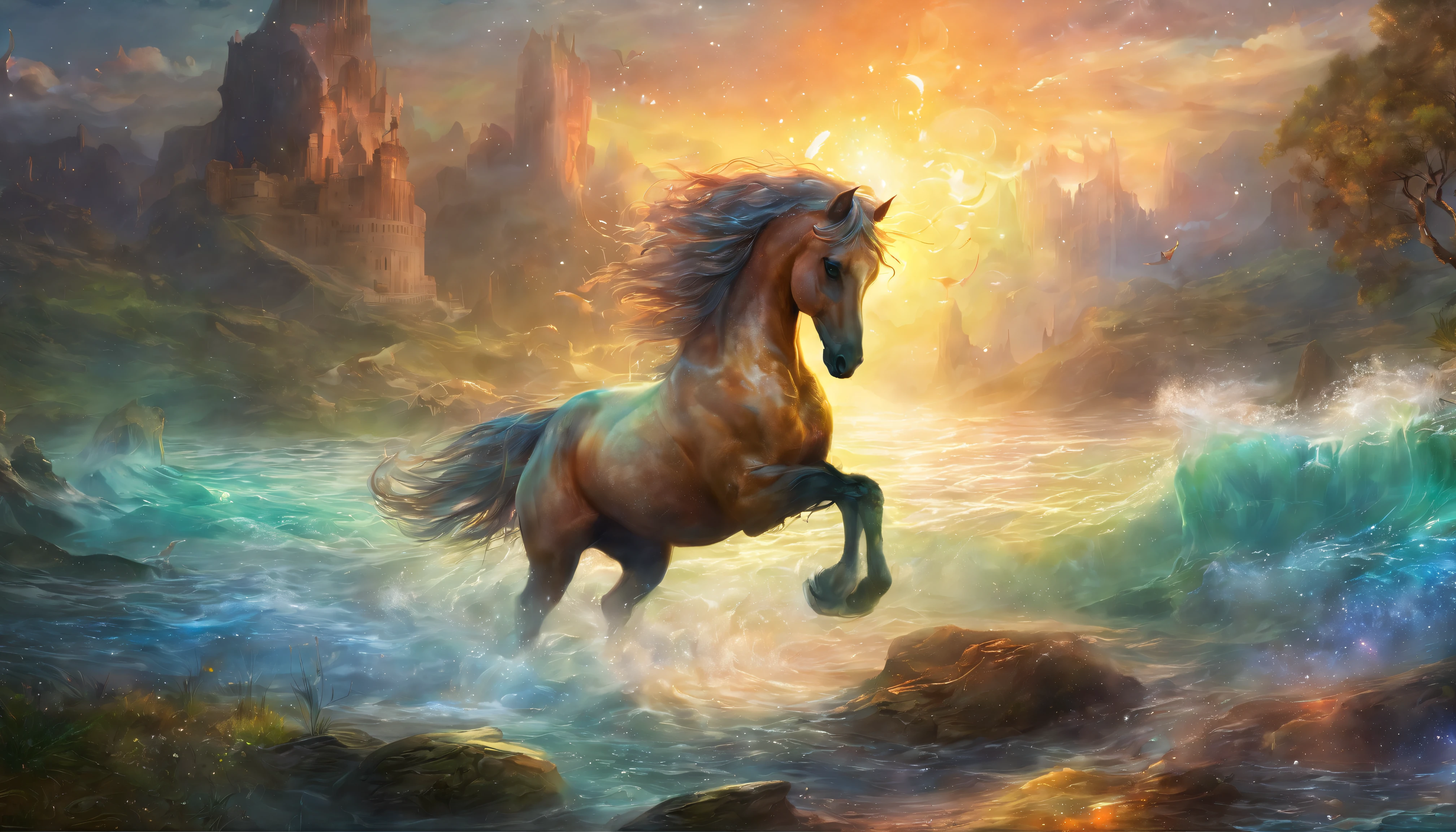 Obra maestra, Grandes estrellas de fondo, intergalactic, La mejor calidad, 4k, high resolusion, Masterpiece:1.2, Ultra detallado, realista, Kelpie, Mezcla de caballos y peces, colores intensos, Caballo con cola de pez delante de la espalda, Escamas brillantes, saliendo del agua, Kelpie, a mythical creature, Luz resplandeciente, Textura realista del agua, Moist and shiny appearance, Wavy Reflection, Aura of Mythology, paisaje submarino, Presencia majestuosa, entorno natural, Ambiente sereno, La existencia de criaturas misteriosas, Ethereal lighting, Movimiento elegante, Superpoderes, Entorno tranquilo y silencioso, fantastic creatures, Belleza seductora, Mirada poderosa y cautivadora, Detalles finos, The Myth of Mythical Creatures, Figura esbelta y elegante, Elementos inspirados en la naturaleza, Tonos sutiles, Texturas detalladas, Mythical existence, en lo profundo de las olas, Parte inferior del cuerpo en el agua, Mythical characteristics of horse, Cascada de agua, Dynamic and energetic poses
