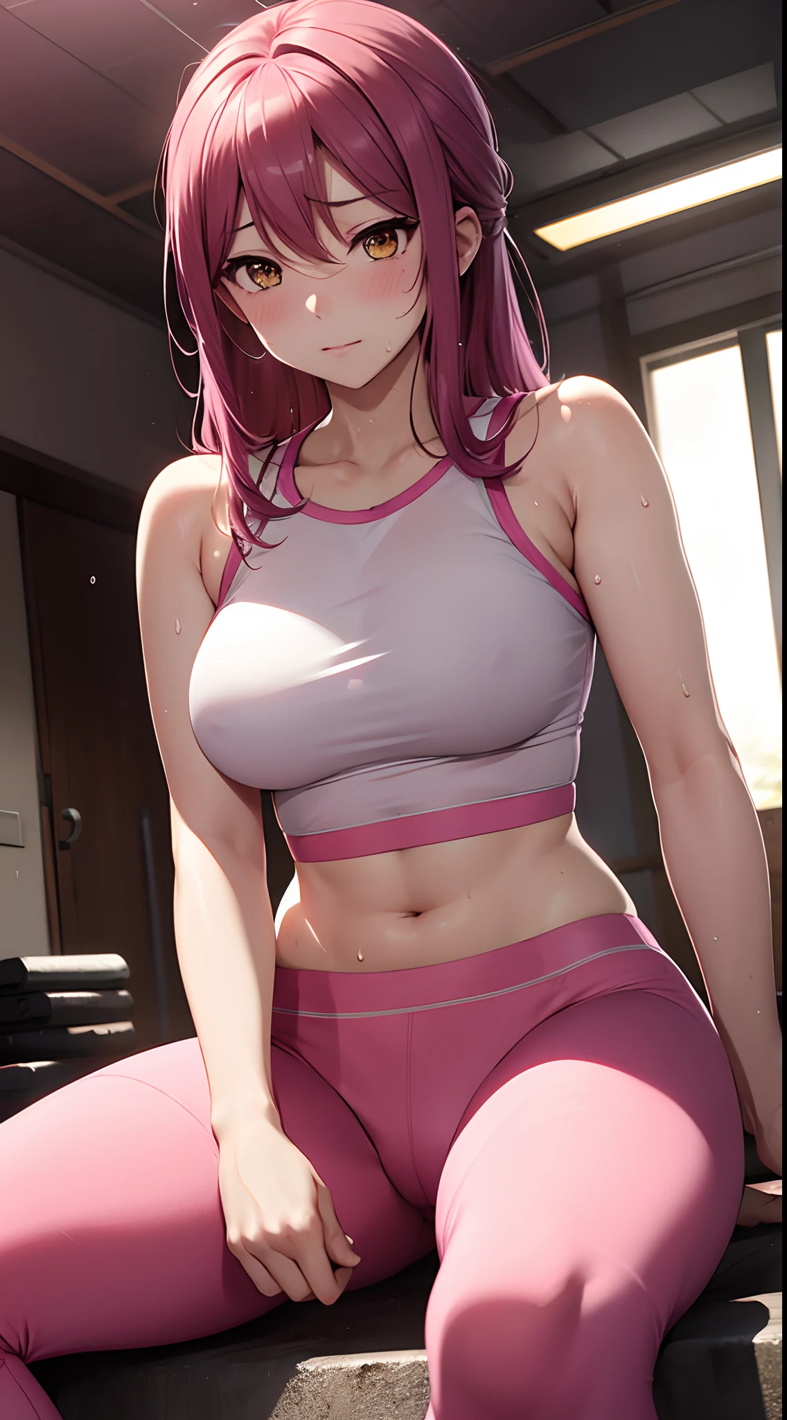Sakurauchi riko, pink skinny sweet pants, tight gym bra, sweating,sweat drops , clothes soaked in sweat, unstyled hair,yellow eyes,(thicc legs:0.8), sitting, (thicc hip:0.8), spread legs