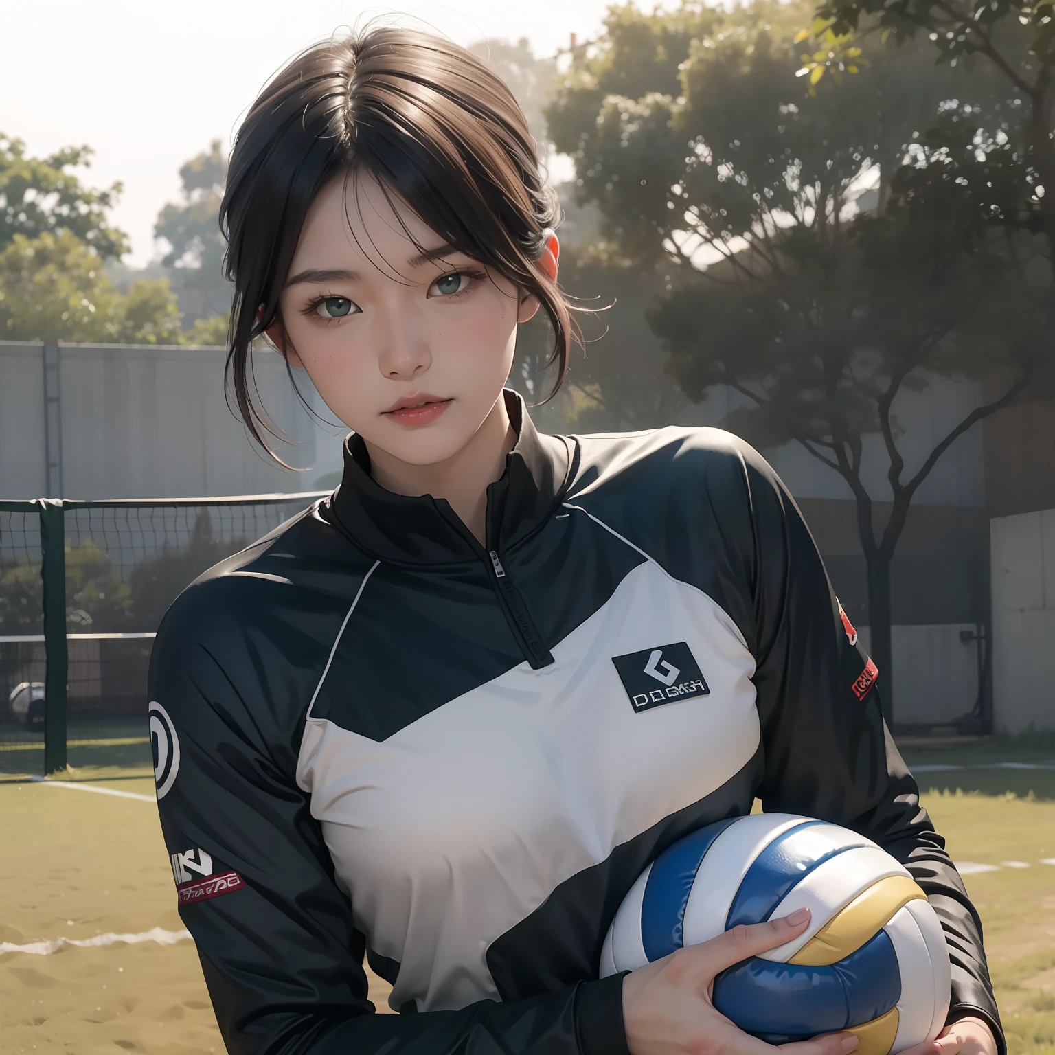 Shoichi, Uploaded on e621, by Pixelsketcher, by Bayard Wu, by Thomas Benjamin Kennington , author：Einshelm, Solo, full bodyesbian, Volleyball uniform, Volleyball, volleyball field, Green eyes