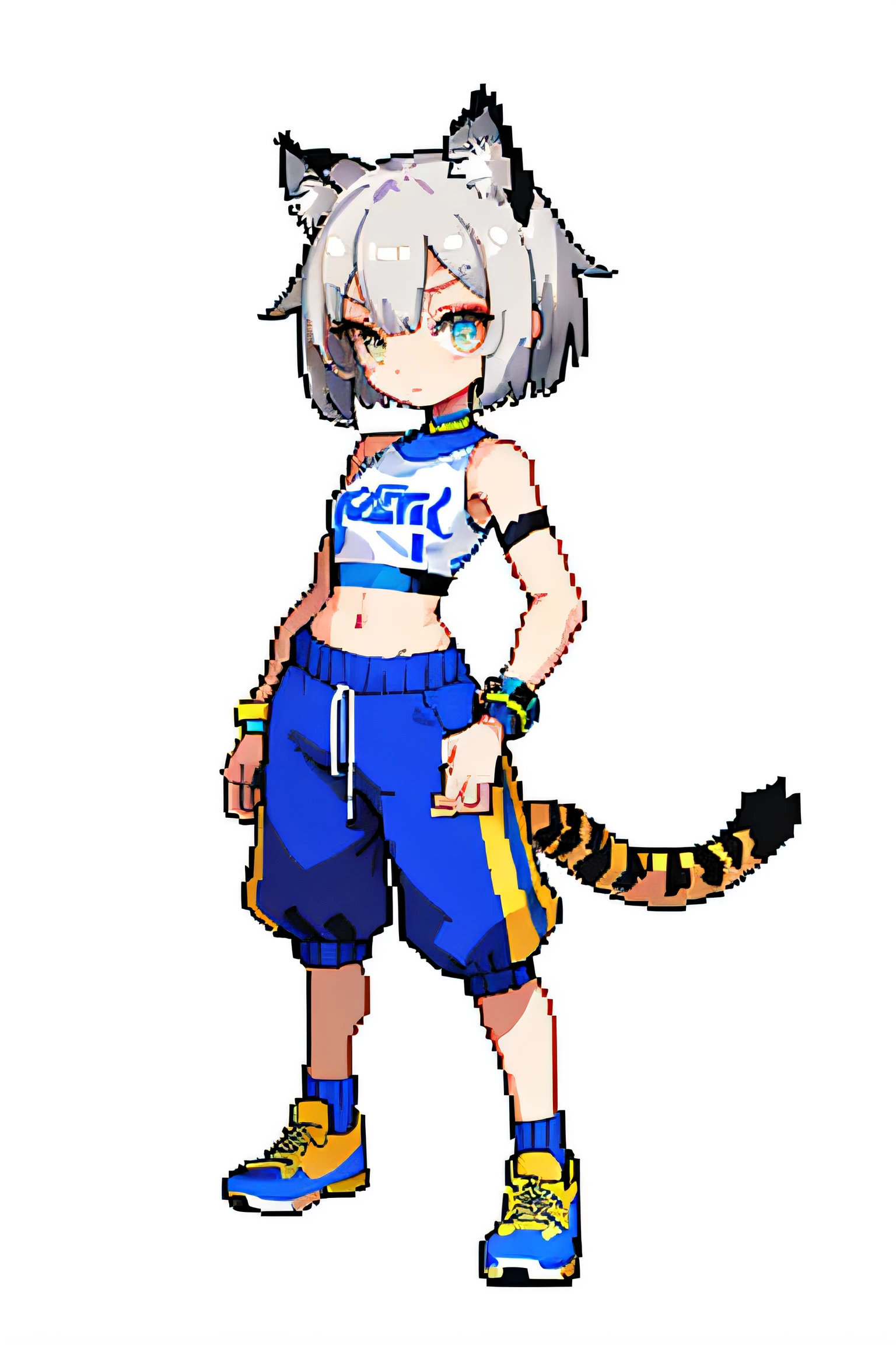 (tmasterpiece,top Quority,best qualtiy),pix,pixelart,s girl,Gray hair,Has a furry tail,There are cat ears,full bodyesbian,There is a bandage,athletic sneakers,Bandeau top,shorter pants,Short socks,Wear a bracelet,There are leg loops,Hold spears in both hands,Charming,Raised sexy,short detailed hair,There are tiger teeth,Wheat-colored skin,It has a refined pixel style,It belongs to the game character design,The background color quality is relatively high,There are draft designs on the front and sides of the drawing