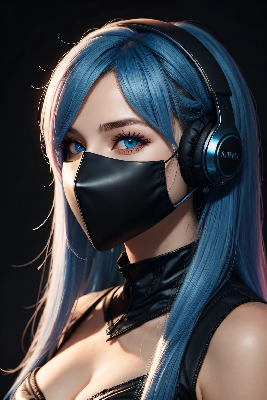 girl with long blue hair, blue eyes, futuristic vibes, mask on mouth, headphones, 8k, high quality, simple background, glowing eyes, nice pose