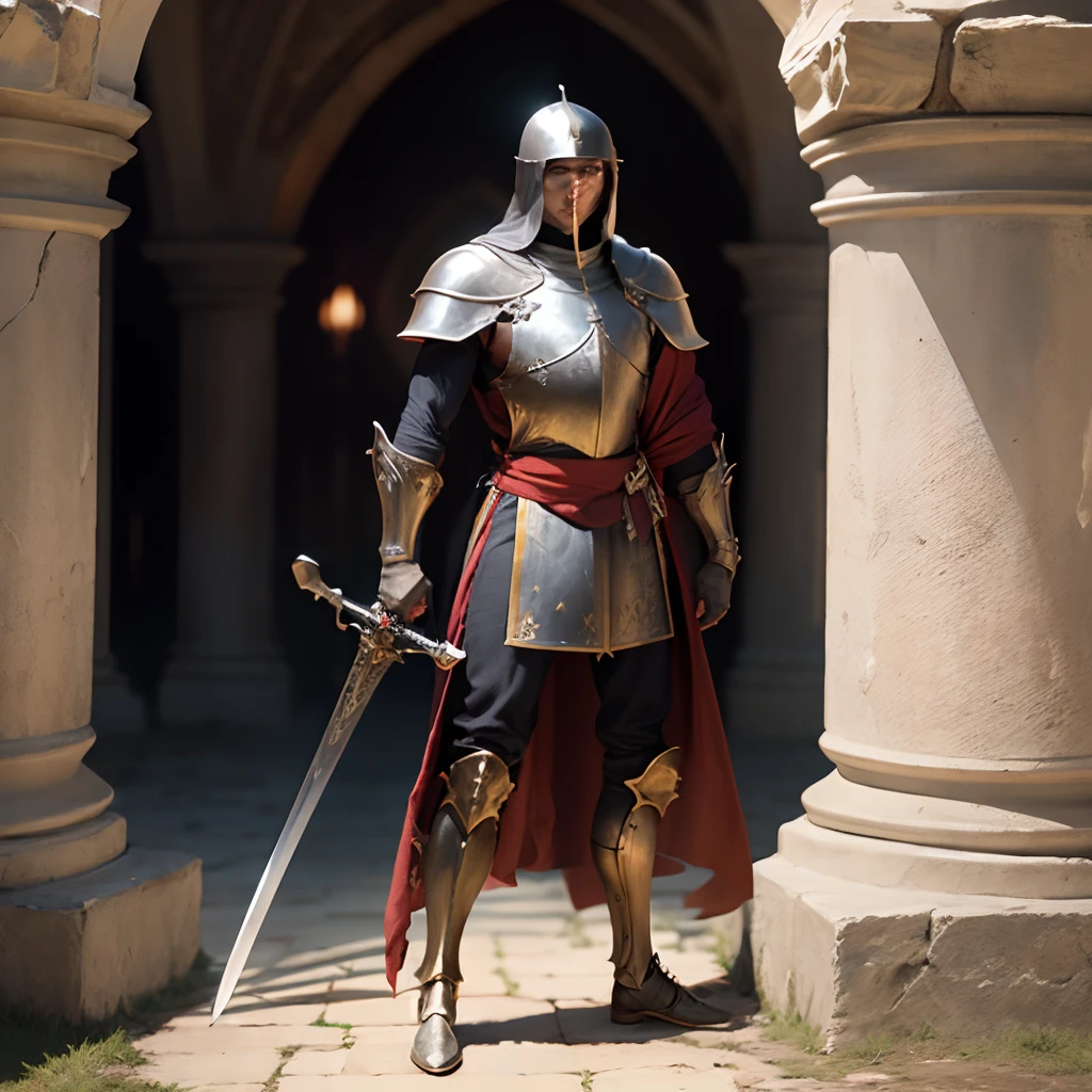 Crusader standing with both hands on one sword and the sword pointed into the ground