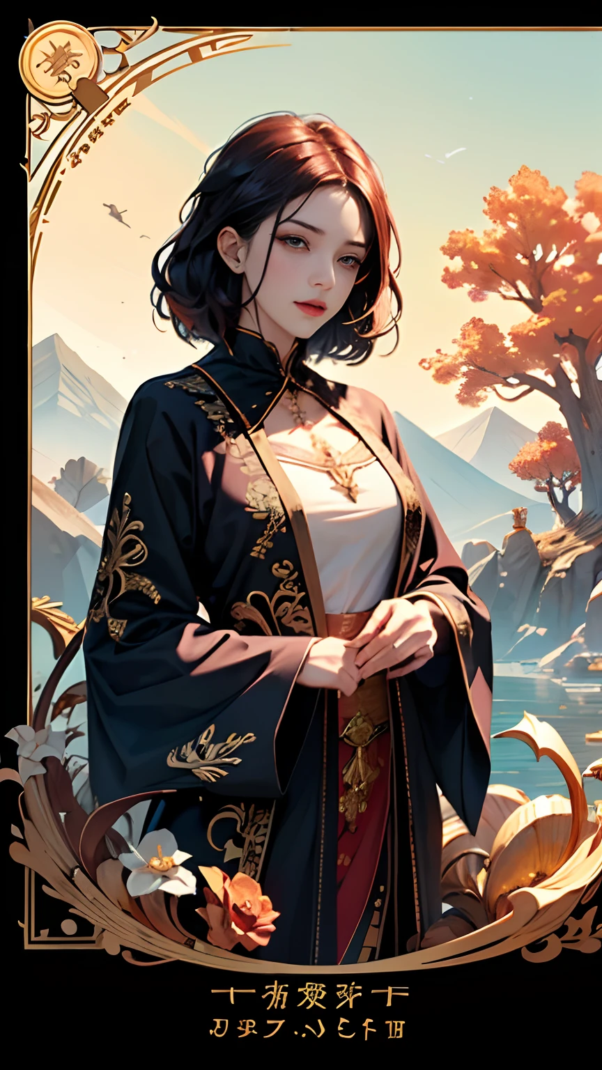 tarot cards,Fang Yi,Full tarot border,(The image is surrounded by a tarot card-style border:1.8), (1 Men 1.5),Hades,The Grim Reaper armed with a giant scythe,(Wearing:black toga,),Fire-breathing eyes,angry look,(Hairstyles: Red curls,),Beard, Roman mythology,8k wallpaper,finely quality eyes,Right eyes,correct hand, Ultra-detailed, Beautiful and aesthetically pleasing, tmasterpiece, best qualityer, (s fractal art: 1.3), mountain ranges, Machine detailed, dynamic angle, Cowboy shot, The most beautiful forms of chaos, elegant, Fauvistdesign, vivd colour, romanticism lain, volcanoes,hell, Buble, shells, Blood, pearls,magma,火焰, Libra, shells, skulls, seele,Hold the giant scythe,Vintage style,Well-developed muscles,(zentangle,datura,Tangles,entangled), (s fractal art: 1.3),holy rays,gold foil,Gold leaf art,glitter drawing,Full tarot border,(Full border 1.5),(The border is centered at 1.8),,delicated face