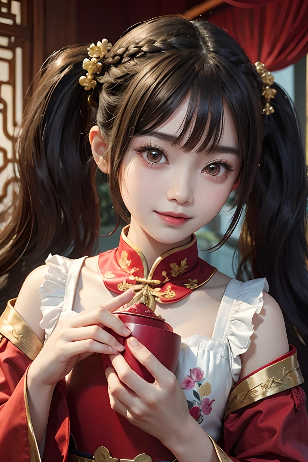 chinese palace,1little girl,lily,twintails,brunette color hair,By bangs,Long chinese dress,,9-year-old female model,Princess,Smile,