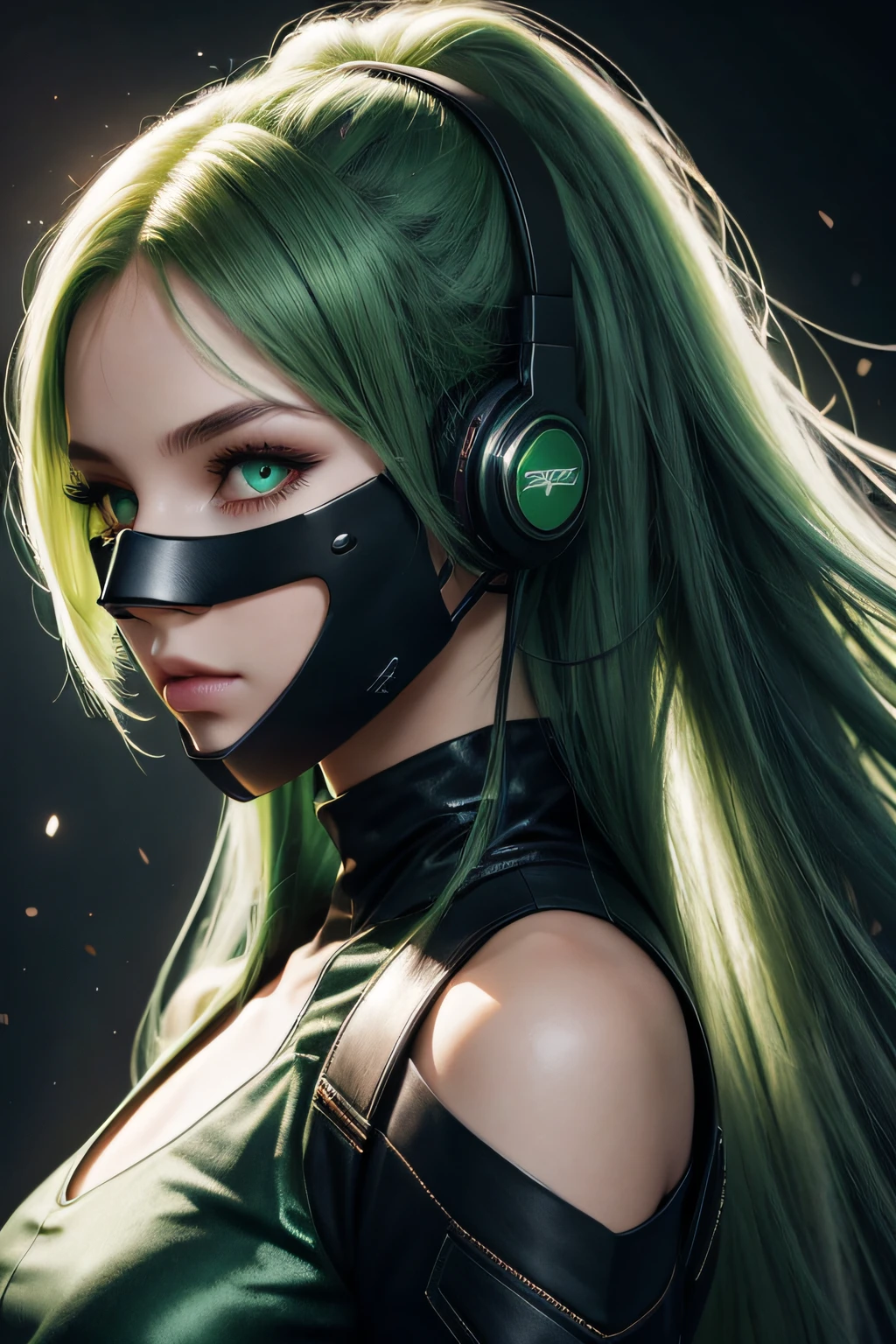 girl with long green hair, green eyes, futuristic vibes, mask on mouth, headphones, 8k, high quality, simple background, glowing eyes, nice pose