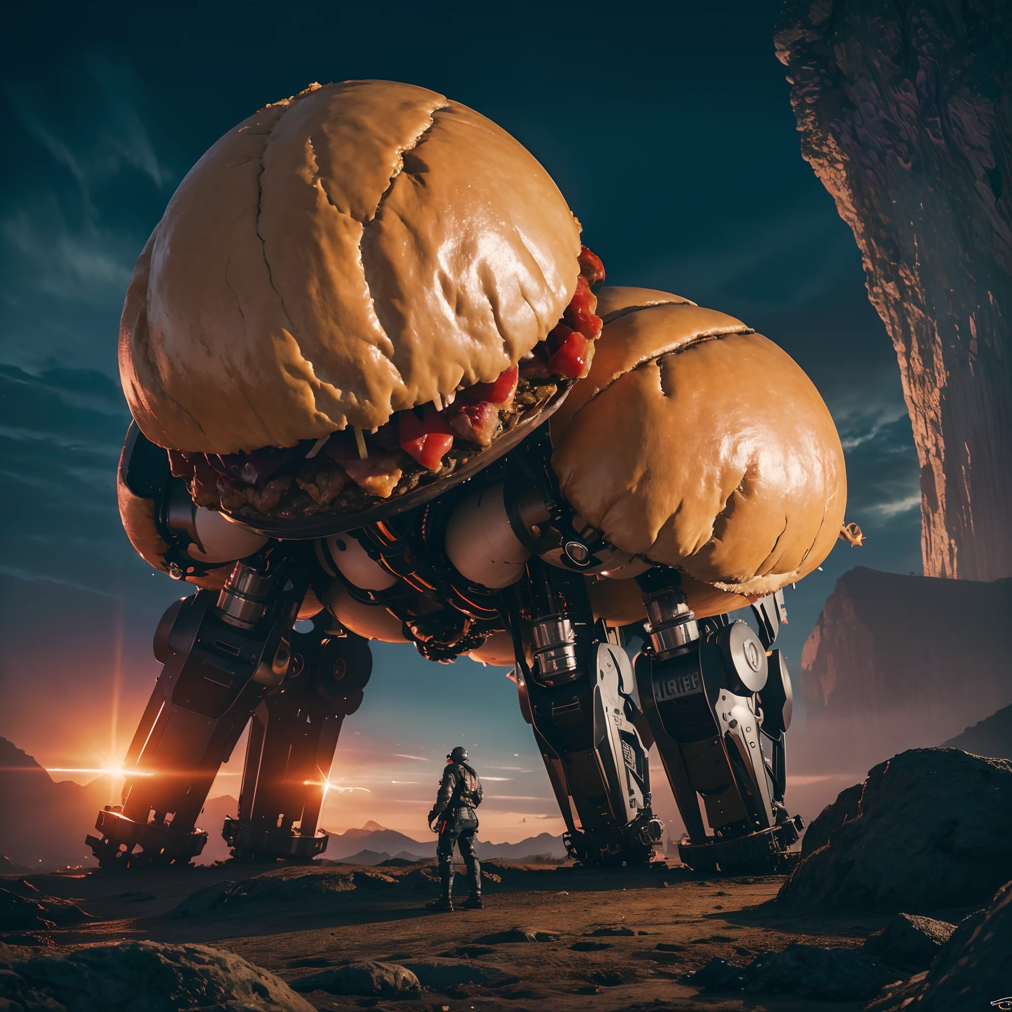 Stable Diffusion prompt: giant hamburger monster, gigantic monster, hamburger-shaped, with mechanical components, mechanical legs, mechanical weapons, (best quality, 4k, highres, masterpiece:1.2), ultra-detailed, (realistic:1.37), robot-like, towering, menacing, futuristic, surreal, vibrant colors, dramatic lighting