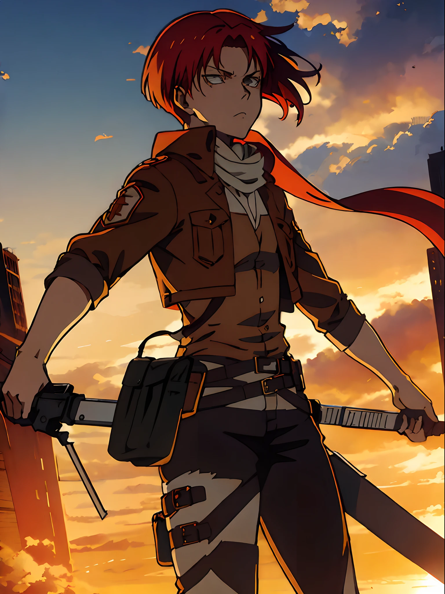 anime character with red hair and a scarf on in front of a city, portrait of eren yeager, badass anime 8 k, anime epic artwork, 4 k manga wallpaper, 4k anime wallpaper, eren yeager, anime wallpaper 4k, anime wallpaper 4 k, anime art wallpaper 4 k, anime art wallpaper 4k, detailed key anime art