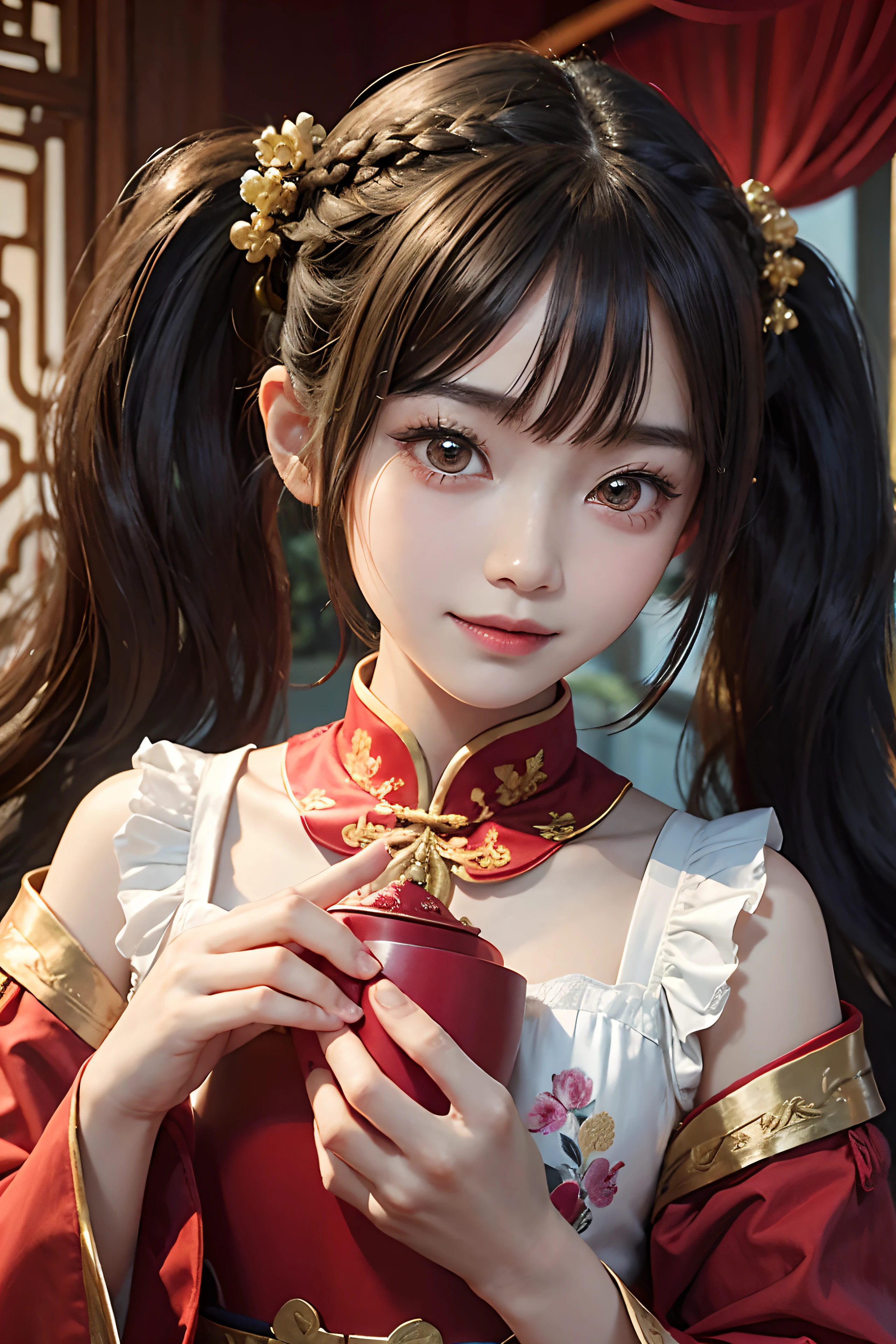 chinese palace,1little girl,lily,twintails,brunette color hair,By bangs,Long chinese dress,flower,9-year-old female model,Princess,Smile,
