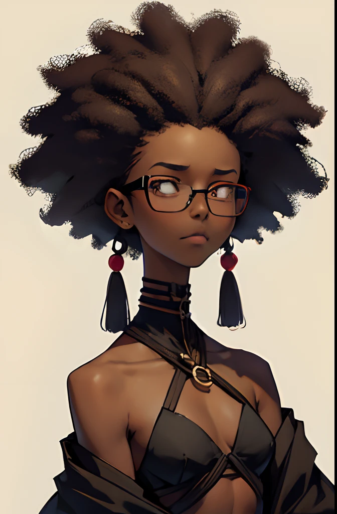 black lady. very skinny. flat body. sick. tired. worn-out. sleepy. witch doctor. small glasses. giant afro.
