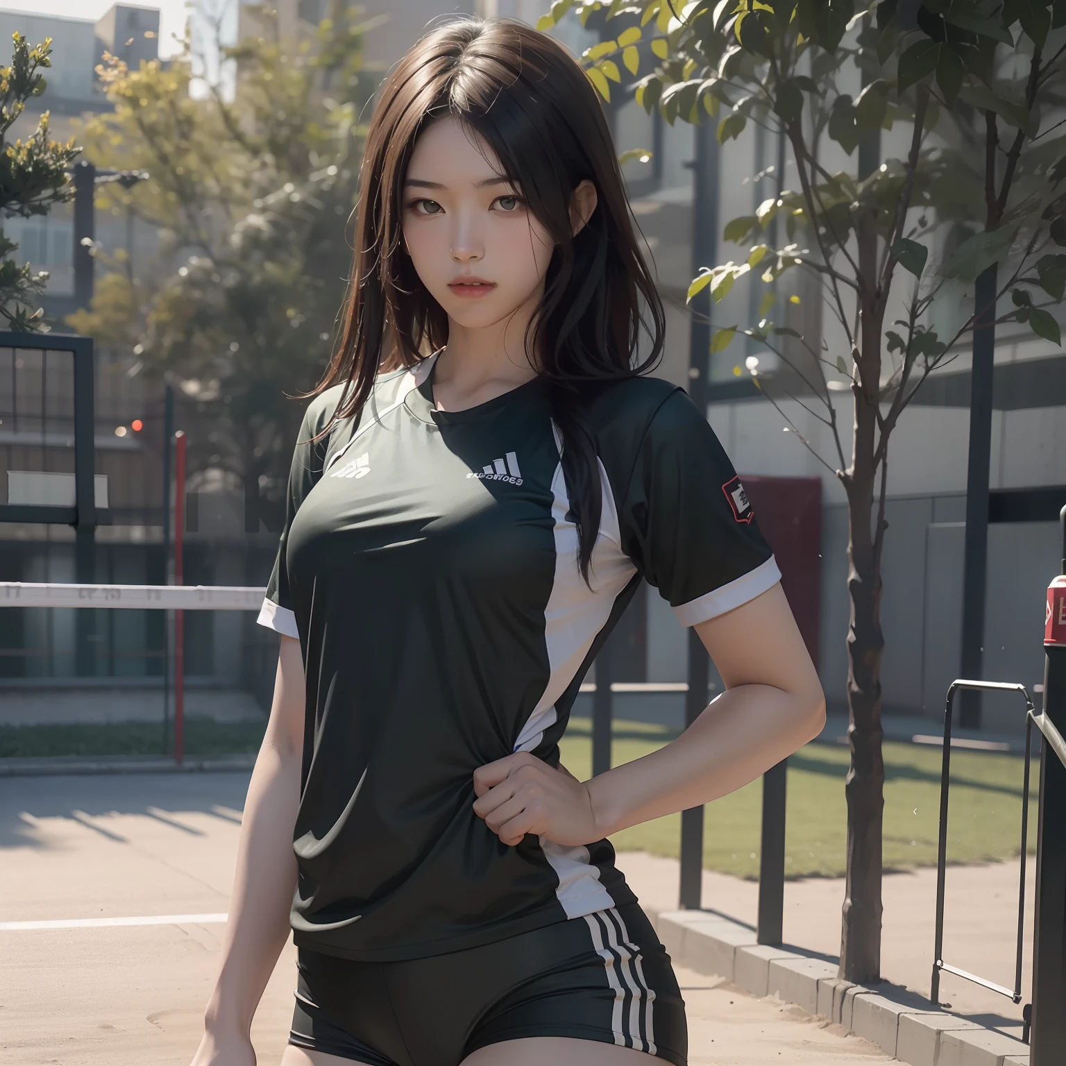 Shoichi, Uploaded on e621, by Pixelsketcher, by Bayard Wu, by Thomas Benjamin Kennington , author：Einshelm, Solo, full bodyesbian, Volleyball uniform, Volleyball, volleyball field, Green eyes