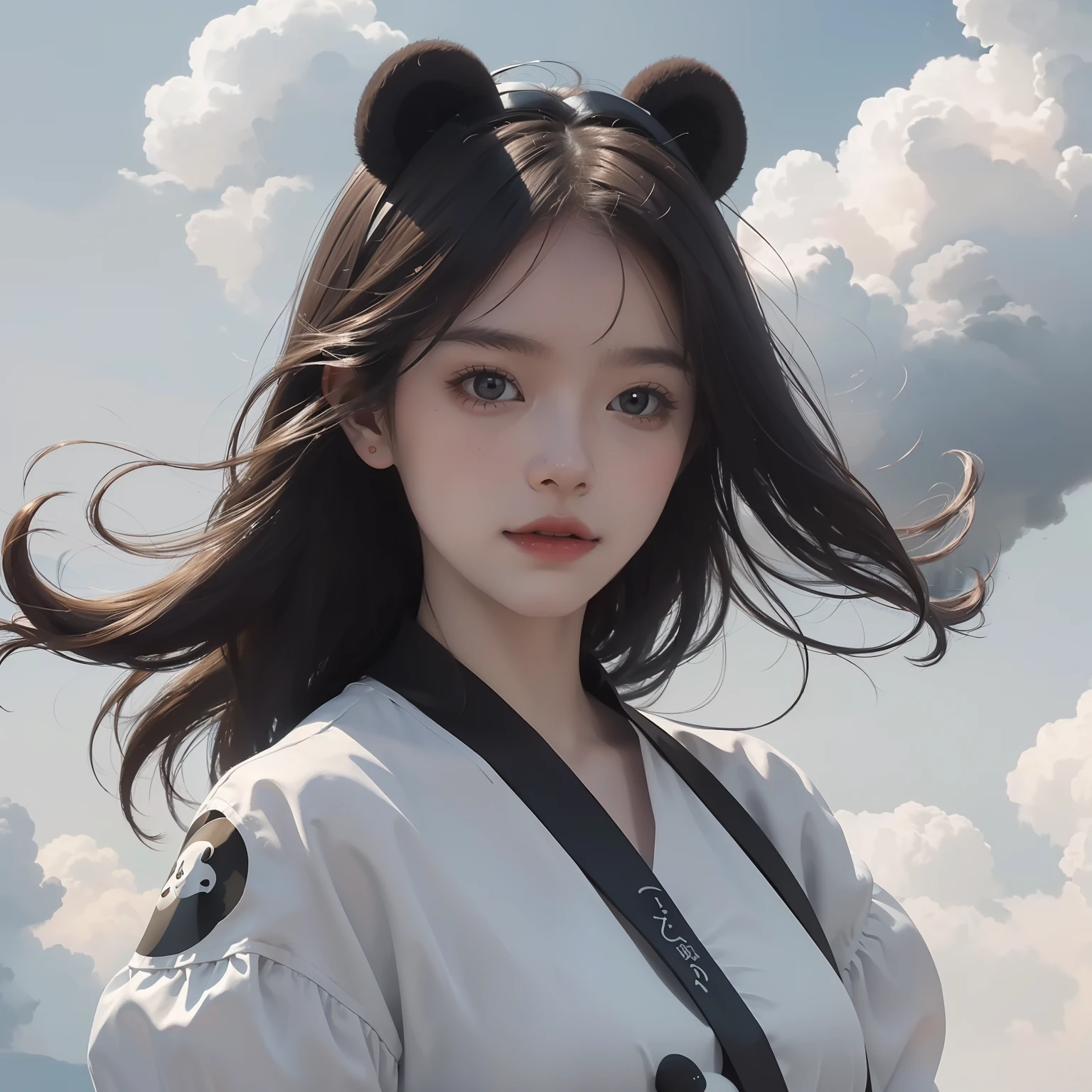 Masterpiece, Top quality, cinematic Film still from, One girl, Floating in the sky, Cloud Girl, Clouds, (Close-up: 1.1), Bright, cheerfulness, fun, Soft lighting, (bauhause, Shape, Line, abstracted: 1.1), panda ears