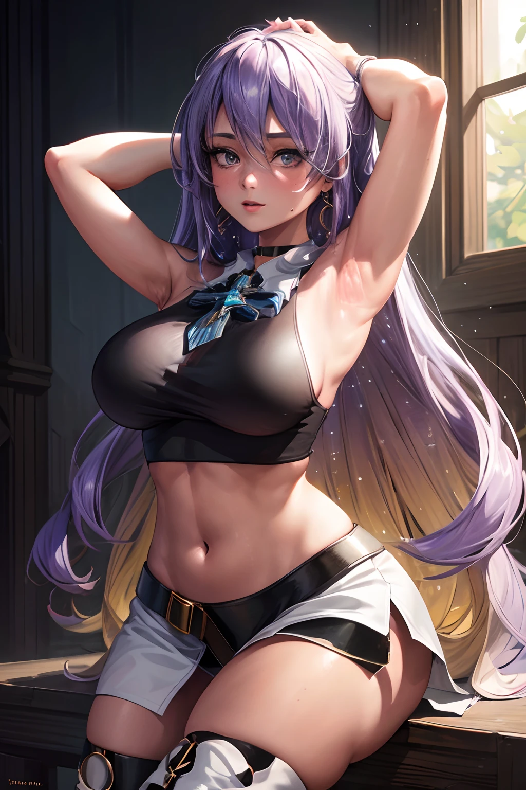 (best quality, highres:1.2), 1girl, beautiful detailed eyes, beautiful detailed lips, extremely detailed eyes and face, long eyelashes, medium:oil painting, vivid colors, HDR, studio lighting, ultra-fine painting, sharp focus, physically-based rendering, extreme detail description, portraits, curvy body, big breasts, perfect shape, showing armpit, facing viewer, sweaty, gorgeous, arms up, half body picture, sleeveless turtleneck, appearing in full frame