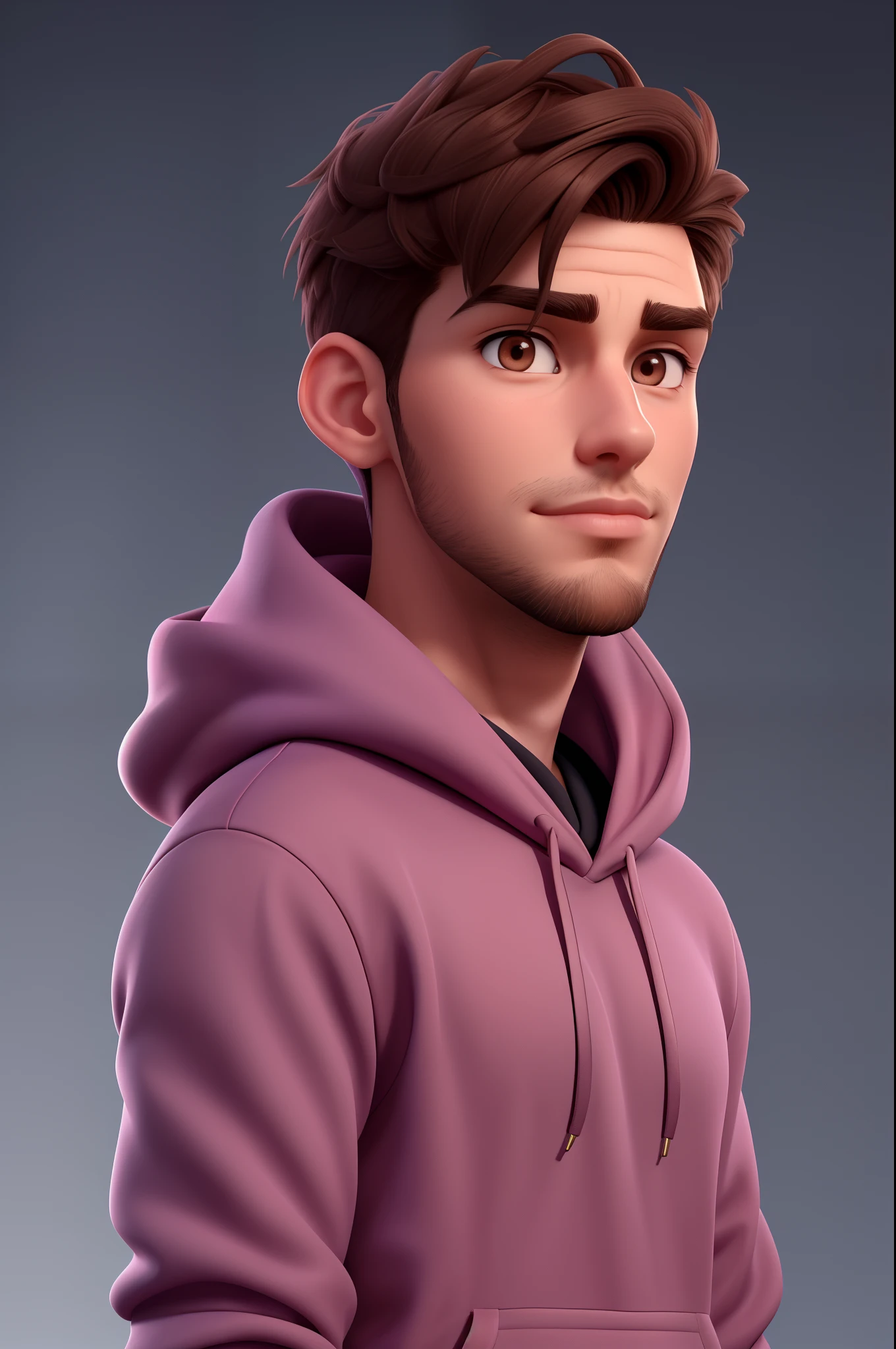 an incredibly handsome and hot young man aged 19 with short dark brown hair and brown eyes, angular jaw, box face, stubble beard, tall and lean, wearing a pink hoodie. Dark blue background and studio lighting, shock pose, character close-up, character headshot portrait, character close-up.