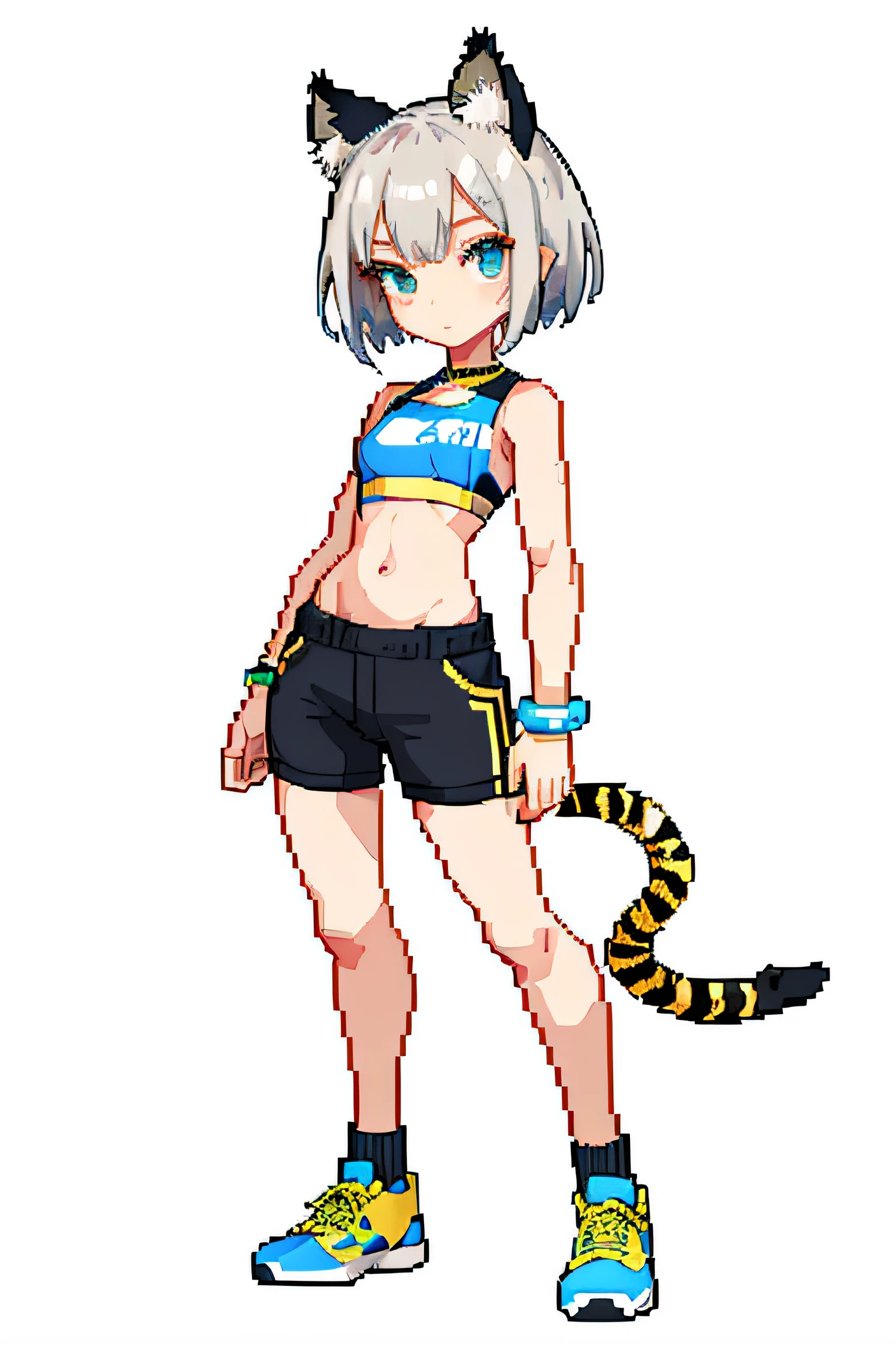 （tmasterpiece，top Quority，best qualtiy），pix，pixelart，teens girl，Gray hair，Has a furry tail，There are cat ears，full bodyesbian，There is a bandage，athletic sneakers，Bandeau top，shorter pants，Short socks，Wear a bracelet，There are leg loops，Raise spears sideways with both hands，Charming，Raised sexy，short detailed hair，There are tiger teeth，wildness，Wheat-colored skin，It has a refined pixel style，It belongs to the game character design，The background color quality is relatively high，There are draft designs on the front and sides of the drawing