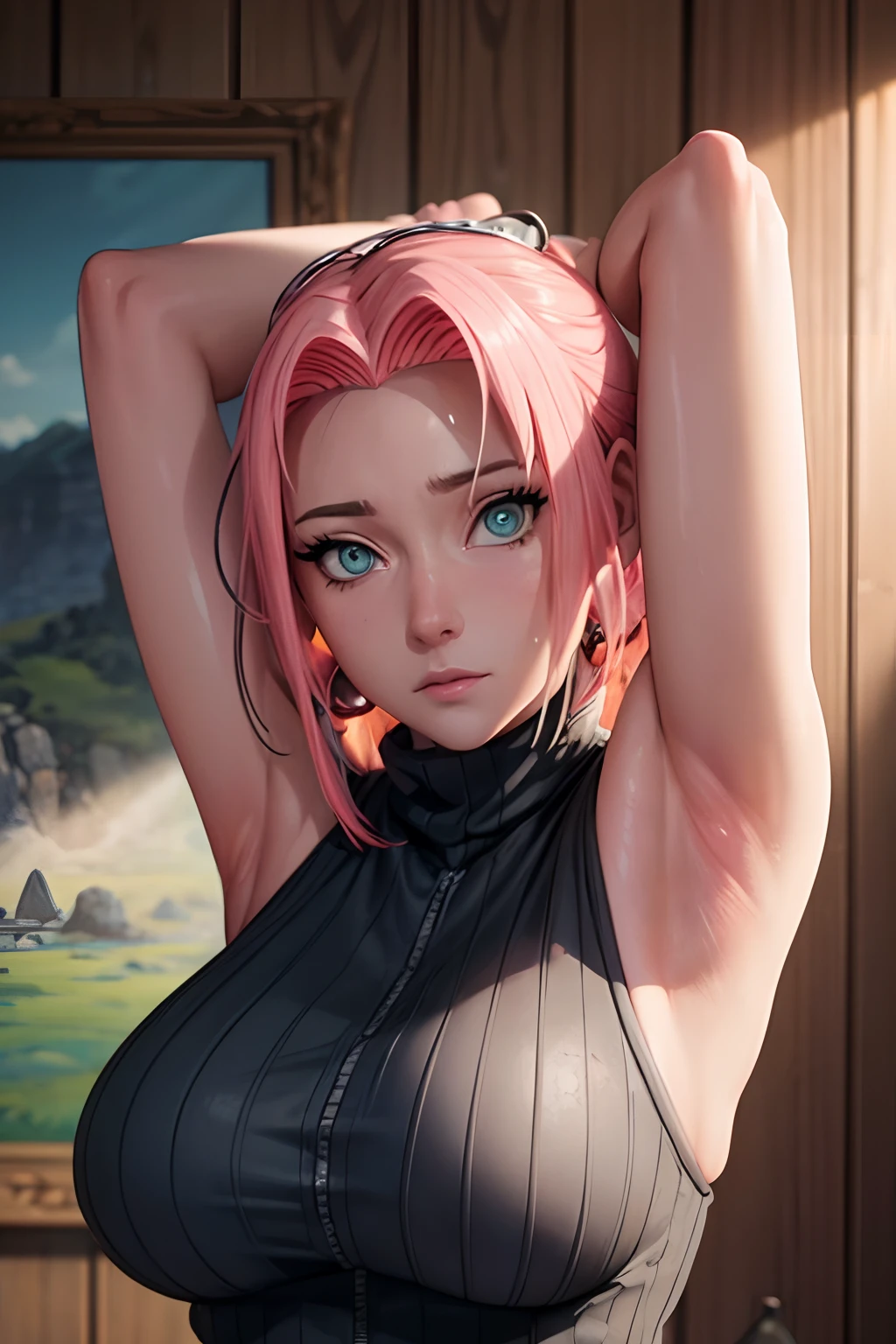 (best quality, highres:1.2), 1girl, beautiful detailed eyes, beautiful detailed lips, extremely detailed eyes and face, long eyelashes, medium:oil painting, vivid colors, HDR, studio lighting, ultra-fine painting, sharp focus, physically-based rendering, extreme detail description, portraits, curvy body, big breasts, perfect shape, showing armpit, facing viewer, sweaty, gorgeous, arms up, half body picture, sleeveless turtleneck, appearing in full frame