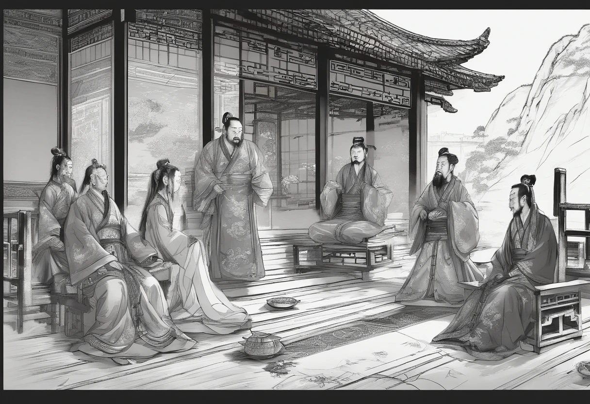 (Chinese Ancient Architecture:1.3),(Two ancient Chinese emperors:1.4)wearing traditional robes,One represents the Northern Song Dynasty,One represents the Jin Dynasty,Sit face to face at a large wooden table,(pergaminhos:1.2),(quill:1.2)On a table,(Inkstone:1.2),(waxy candles:1.2)Provide light,They had serious expressions on their faces,(Map of ancient China:1.3)Spread out on the table,(sigils:1.2)In the hands of an emperor。(Ancient Chinese soldiers:1.3)Stand in line behind your back in armor,(Interior of the palace:1.3),(Wooden beams:1.2),(Traditional chinese painting:1.2)Held on the wall,(lanterns:1.2)Hang from the ceiling,(Stone floor:1.2),(wood furnishings:1.2),(Ancient Chinese calligraphy:1.2)On the reels,(tea set:1.2)On a table,(Silk fabric:1.2)on a chair,(Gold ornaments:1.2)On the emperor's robe,(Jade:1.2)On the emperor,(sbeard:1.2)On the emperor。(Ancient Chinese hairstyle:1.2)About the emperor,(serious:1.4)big breasts and big breasts(Jumpy:1.4)atmosphere,(Historically:1.3)big breasts and big breasts(the detail:1.3)Scenes,(A high resolution:1.4),(hyper realisitc:1.4),(4k:1.4), (8k:1.4),(tmasterpiece:1.4),(best qualtiy:1.4)。