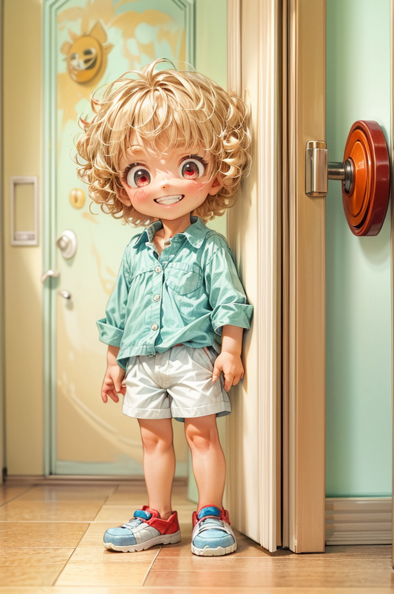 a picture of a small child standing behind a door, his face is half hidden, he smiles, evil smile, blond hair, curly hair, red eyes, wearing white shirt, wearing short pants, modern day child room background, toys spread background,