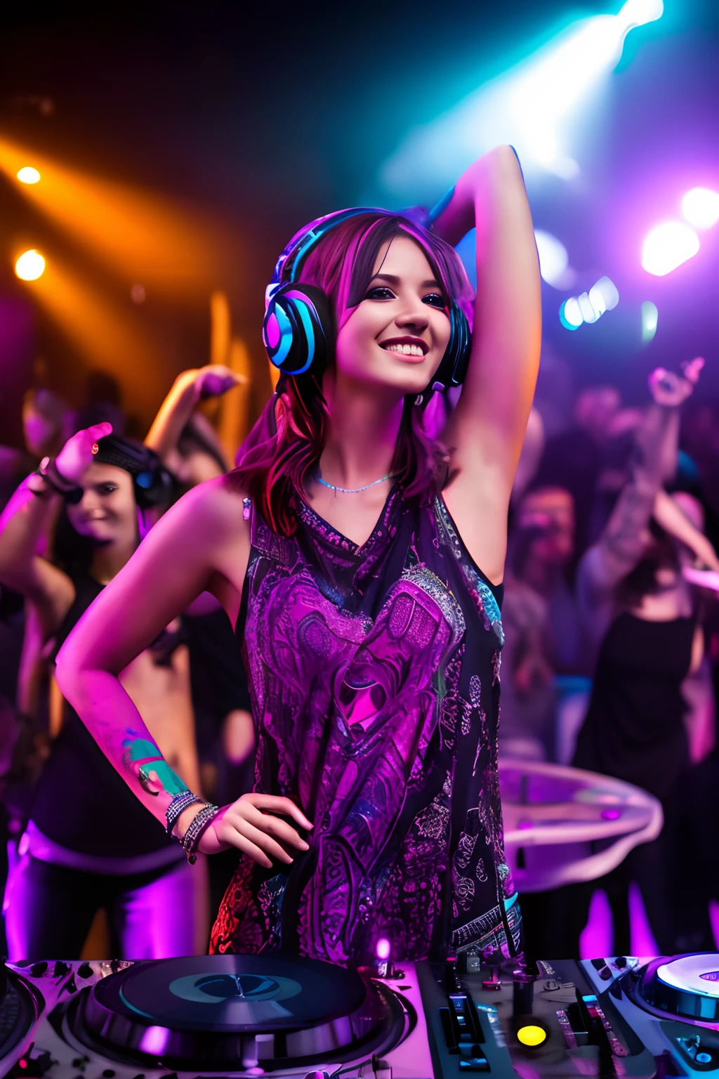 upper body, female dj, colorful clothes , quirky, vibrant appearance, playful accessories, creative behavior, imaginative, sensual, spontaneous, dj headphones, mixing console, music club, night club, indie theaters, people dancing on the dance floor background, underground danceclub, highest quality, skin texture, intricate details, (cinematic lighting), RAW photo, 8k