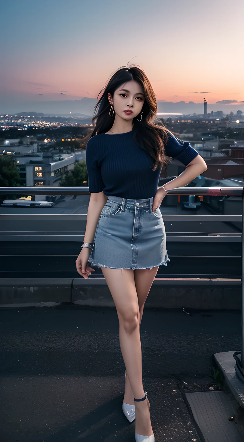 A strikingly beautiful lady dressed in a fashionable blue short denim skirt. She stands with an air of confidence in a vibrant urban setting, her attire exuding a trendy and chic vibe. Her pose is captivating, accentuating the stylish nature of the outfit. The city lights in the background create a contemporary atmosphere