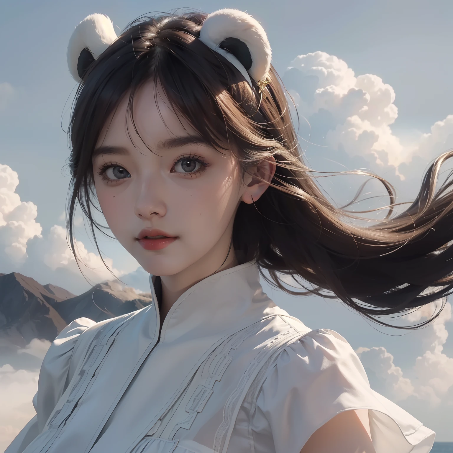 Masterpiece, Top quality, cinematic Film still from, One girl, Floating in the sky, Cloud Girl, Clouds, (Close-up: 1.1), Bright, cheerfulness, fun, Soft lighting, (bauhause, Shape, Line, abstracted: 1.1), panda ears