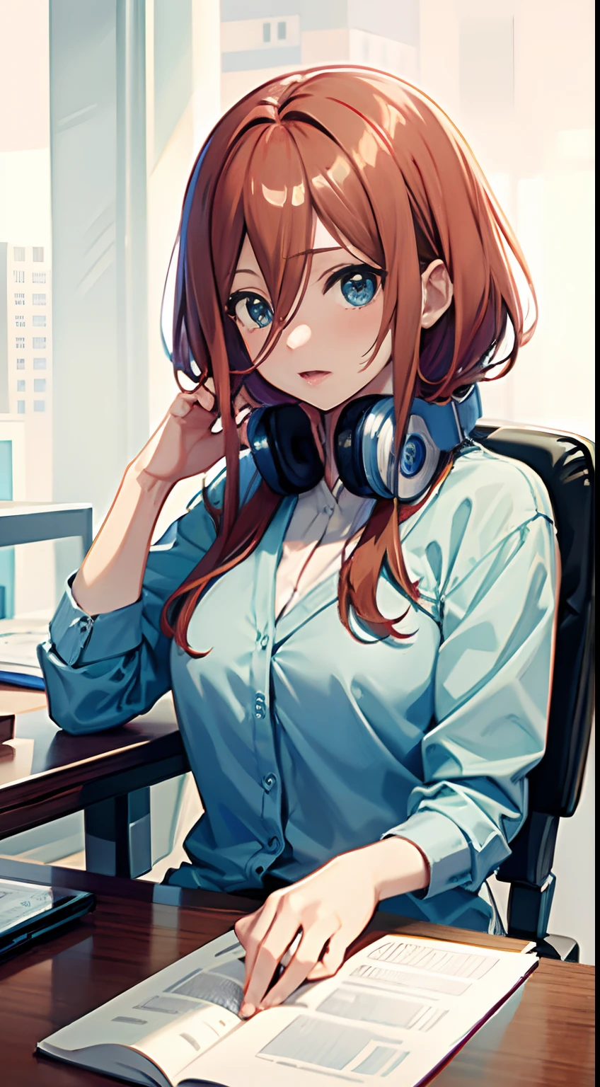 (masterpiece, high quality, high res), Nakano Miku (quintessential quintuplets), brown hair, headphones, face palm, sitting on office chair desk, shrugged face, blush, detailed face,unbuttoned shirt,slightly visible cleavage,hot atmosphere,classic office background,transparent large windows in background, anime version, extremely detailed, UHD, 4k, 8k, award-winning, sharp focus, anime version