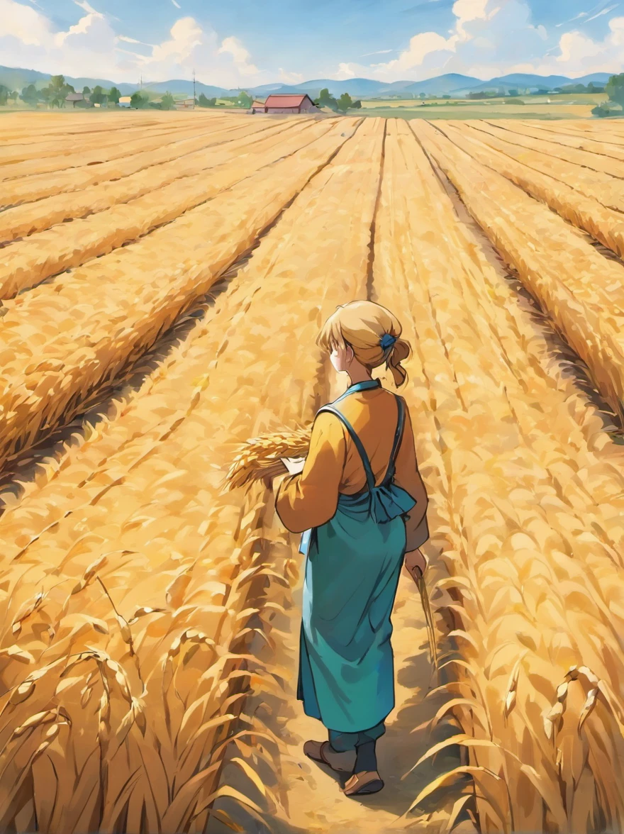 The background picture shows a golden wheat field in the sun, The wind blows，The wheat waves rolled, A series of ripples is emitted. At the end of the wheat field, Some harvesters are busy working, Golden grains poured out. The faces of the farmers were filled with the joy of a good harvest.

In the center of the picture, A master stands in a wheat field, Holding a mobile phone in his hand to introduce wheat varieties, Introduce the audience to the growing conditions and harvest progress. His gaze was firm and enthusiastic, Reveal his love and dedication to agriculture with every expression.

Behind the host, A group of farmers are busy moving wheat. They loaded heavy wheat bags onto tractors，They are then shipped to a nearby warehouse. The farmer's face was filled with a happy smile, As if to tell people，Through their hard work, The land has finally reaped a bountiful harvest.

Around the picture, Rows of newly built farmhouses and farms，A glimpse of the new face of the countryside and the changes in the lives of farmers. In the distance, Under the blue sky and white clouds, The mountains rise and fall, Traffic congestion on roads outside them, This indicates that local agricultural products are constantly being transported outward to a wider market.

The whole picture is full of harvest joy and rural life。, Present real live broadcast scenes to the audience, Let people feel the charm of agriculture and the enthusiasm of farmers. Communicate the positive impact of live streaming on agricultural development and improving farmers' lives.