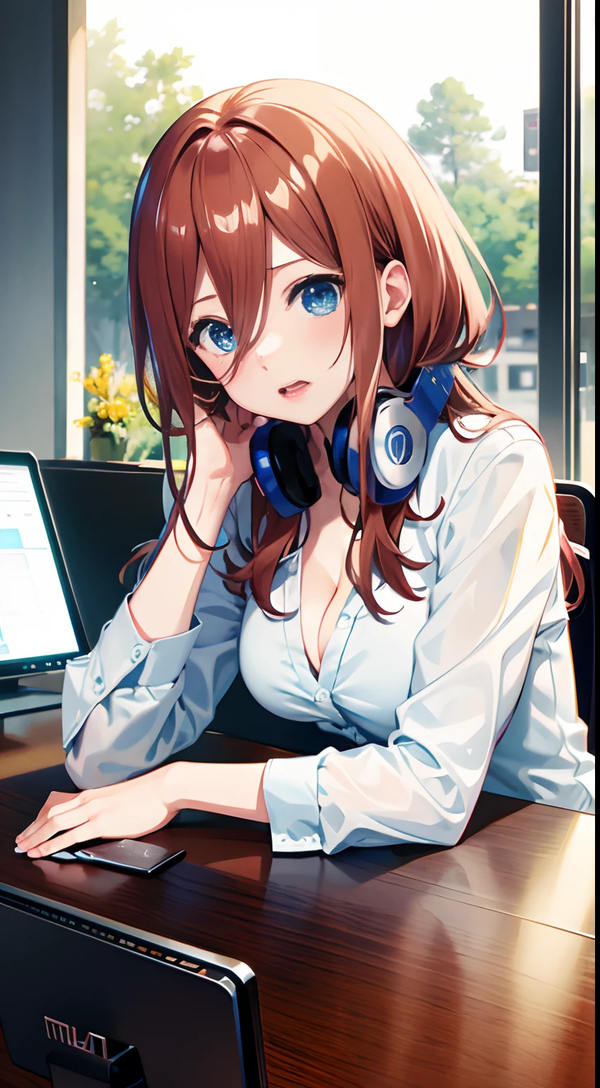 (masterpiece, high quality, high res), Nakano Miku (quintessential quintuplets), brown hair,  headphones, face palm, sitting on office chair desk, shrugged face, blush, detailed face,unbuttoned shirt,slightly visible cleavage,hot atmosphere,classic office background,transparent large windows in background, anime version, extremely detailed, UHD, 4k, 8k, award-winning, sharp focus, anime version