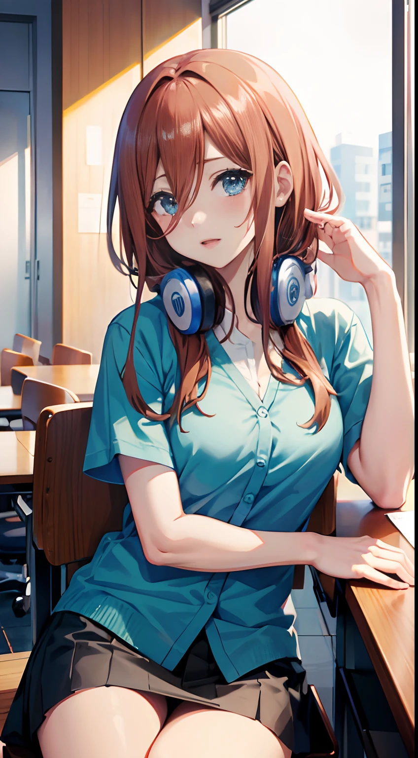 (masterpiece, high quality, high res), Nakano Miku (quintessential quintuplets), brown hair, headphones, face palm, sitting on office chair desk, shrugged face, blush, detailed face,unbuttoned shirt,slightly visible cleavage,hot atmosphere,classic office background,transparent large windows in background, anime version, extremely detailed, UHD, 4k, 8k, award-winning, sharp focus, anime version