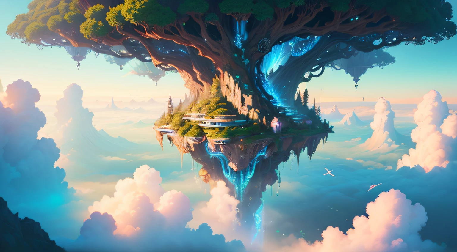 Sky Eden - a futuristic floating city in the clouds, seamlessly integrating advanced technology and nature. Designed with biomimicry, the city appears to be an extension of the natural world.
Crisp geometric architecture towers are wrapped in eco-friendly bamboo paneling and dotted with abundant greenery from vertical gardens. Fractal patterns and plant-inspired shapes create a harmonious feel.
Iridescent energy beams emanate between structures, powered by sustainable quantum energy. They illuminate the city with a gentle glow reminiscent of moonlight.
The city hovers weightlessly, suspended by anti-gravity propulsion. Crystal clear waters flow through reflecting the vibrant plant life and futuristic architecture.
Peaceful, tranquil atmosphere as if in deep meditation. This spiritual utopia is the visionary home of Sky Ether, where inner work cultivates outer world innovation.