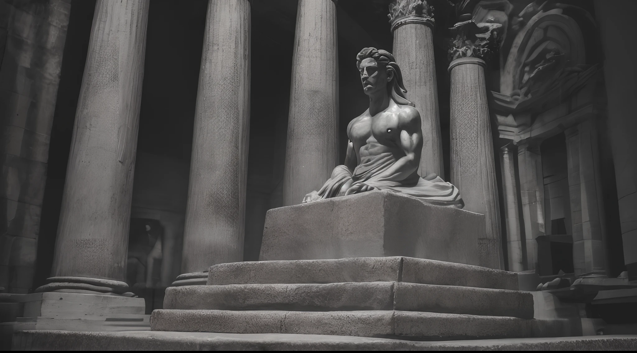 Strong Stoic statue, with an expression of anger, na rua, tempo escuro e trovoadas na noite escura, fundo grego de templo anitgo, 35 mm, lateralmente, Filmado em Sony A7S III com Sony FE 35mm f/1.8, 12.1 MP, --AR 3:2 --estilo cru