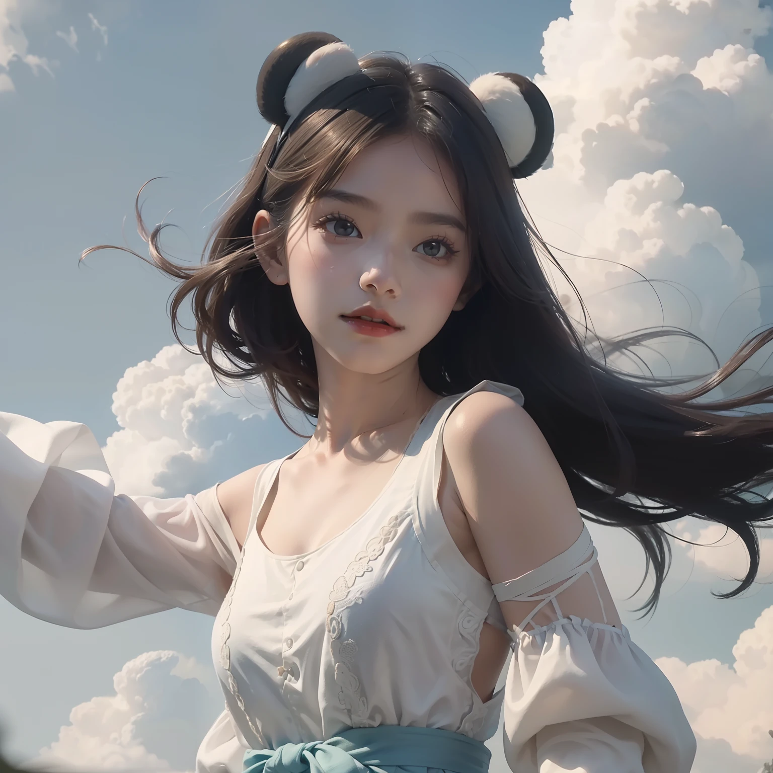 Masterpiece, Top quality, cinematic Film still from, One girl, Floating in the sky, Cloud Girl, Clouds, (Close-up: 1.1), Bright, cheerfulness, fun, Soft lighting, (bauhause, Shape, Line, abstracted: 1.1), panda ears