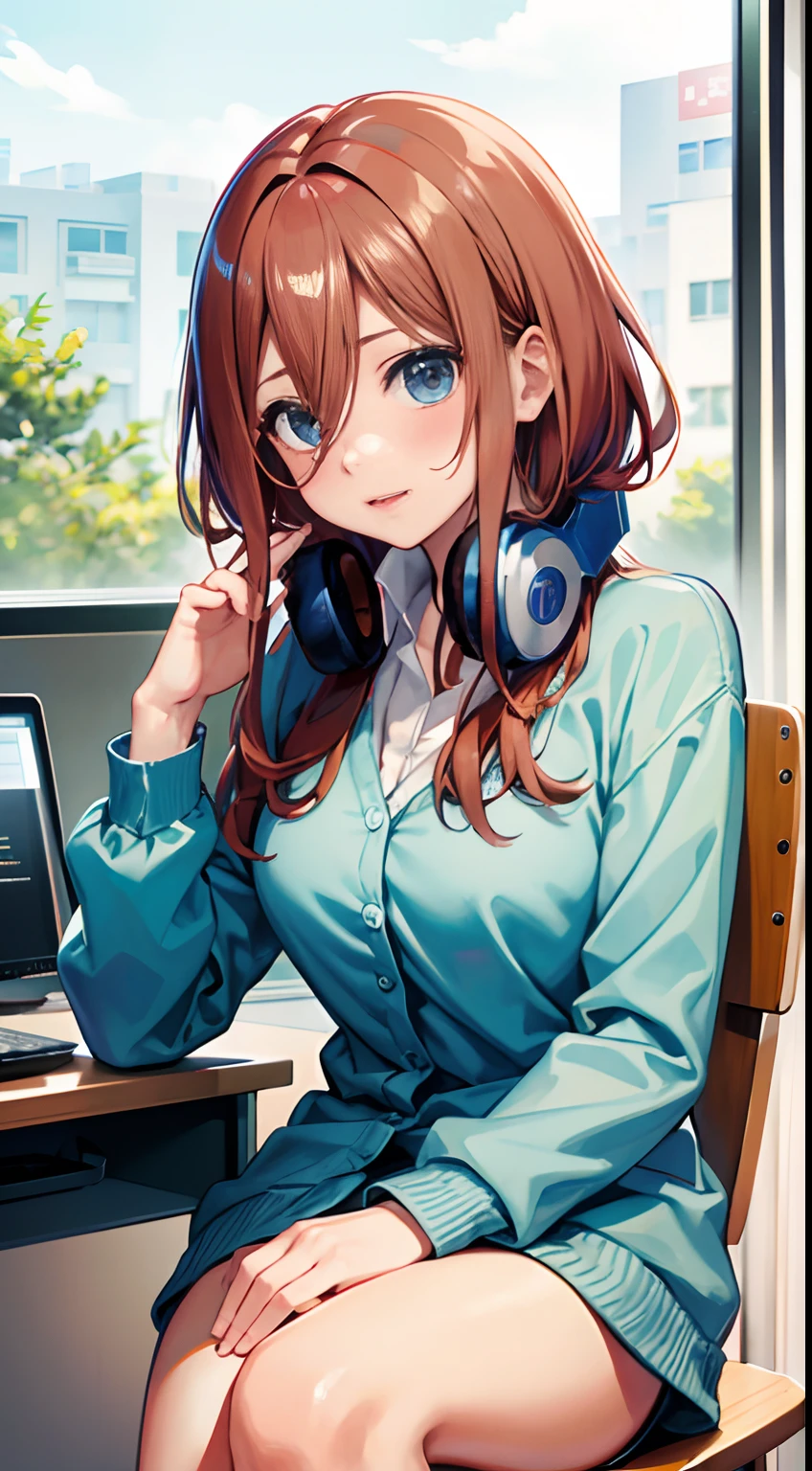 (masterpiece, high quality, high res), Nakano Miku (quintessential quintuplets), brown hair, headphones, face palm, sitting on office chair desk, shrugged face, blush, detailed face,unbuttoned shirt,slightly visible cleavage,hot atmosphere,classic office background,transparent large windows in background, anime version, extremely detailed, UHD, 4k, 8k, award-winning, sharp focus, anime version