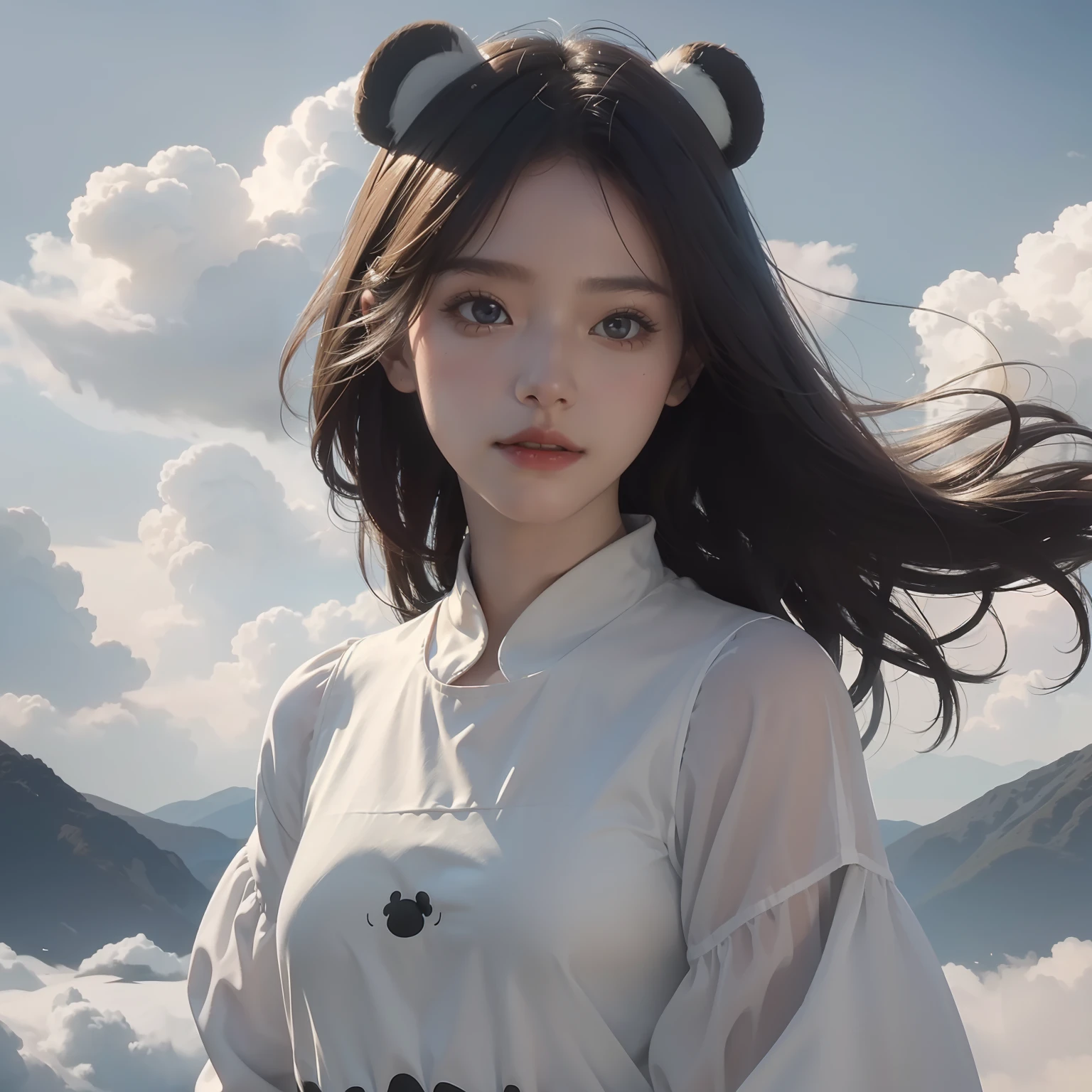 Masterpiece, Top quality, cinematic Film still from, One girl, Floating in the sky, Cloud Girl, Clouds, (Close-up: 1.1), Bright, cheerfulness, fun, Soft lighting, (bauhause, Shape, Line, abstracted: 1.1), panda ears