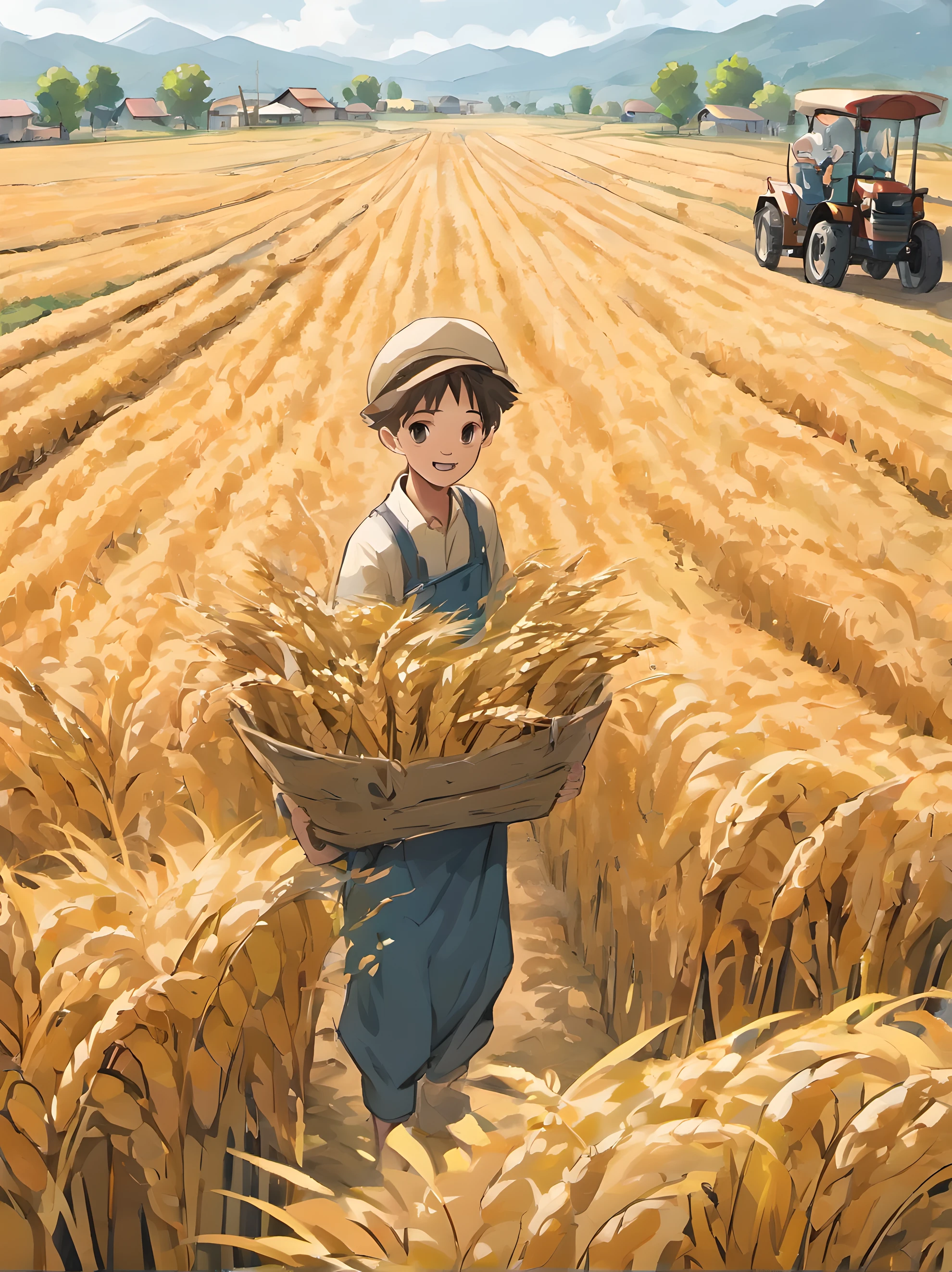 The background picture shows a golden wheat field in the sun, The wind blows,The wheat waves rolled, A series of ripples is emitted. At the end of the wheat field, Some harvesters are busy working, Golden grains poured out. The faces of the farmers were filled with the joy of a good harvest.
In the center of the picture, A master stands in a wheat field, Holding a mobile phone in his hand to introduce wheat varieties, Introduce the audience to the growing conditions and harvest progress. His gaze was firm and enthusiastic, Reveal his love and dedication to agriculture with every expression.
Behind the host, A group of farmers are busy moving wheat. They loaded heavy wheat bags onto tractors,They are then shipped to a nearby warehouse. The farmer's face was filled with a happy smile, As if to tell people,Through their hard work, The land has finally reaped a bountiful harvest.
Around the picture, Rows of newly built farmhouses and farms,A glimpse of the new face of the countryside and the changes in the lives of farmers. In the distance, Under the blue sky and white clouds, The mountains rise and fall, Traffic congestion on roads outside them, This indicates that local agricultural products are constantly being transported outward to a wider market.
The whole picture is full of harvest joy and rural life。, Present real live broadcast scenes to the audience, Let people feel the charm of agriculture and the enthusiasm of farmers. Communicate the positive impact of live streaming on agricultural development and improving farmers' lives.
