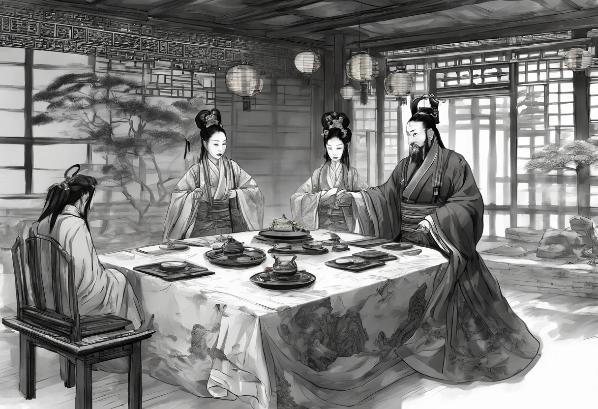(Chinese Ancient Architecture:1.3),(Two ancient Chinese emperors:1.4)wearing traditional robes,One represents the Northern Song Dynasty,One represents the Jin Dynasty,Sit face to face at a large wooden table,(pergaminhos:1.2),(quill:1.2)On a table,(Inkstone:1.2),(waxy candles:1.2)Provide light,They had serious expressions on their faces,(Map of ancient China:1.3)Spread out on the table,(sigils:1.2)In the hands of an emperor。(Ancient Chinese soldiers:1.3)Stand in line behind your back in armor,(Interior of the palace:1.3),(Wooden beams:1.2),(Traditional chinese painting:1.2)Held on the wall,(lanterns:1.2)Hang from the ceiling,(Stone floor:1.2),(wood furnishings:1.2),(Ancient Chinese calligraphy:1.2)On the reels,(tea set:1.2)On a table,(Silk fabric:1.2)on a chair,(Gold ornaments:1.2)On the emperor's robe,(Jade:1.2)On the emperor,(sbeard:1.2)On the emperor。(Ancient Chinese hairstyle:1.2)About the emperor,(serious:1.4)big breasts and big breasts(Jumpy:1.4)atmosphere,(Historically:1.3)big breasts and big breasts(the detail:1.3)Scenes,(A high resolution:1.4),(hyper realisitc:1.4),(4k:1.4), (8k:1.4),(tmasterpiece:1.4),(best qualtiy:1.4)。