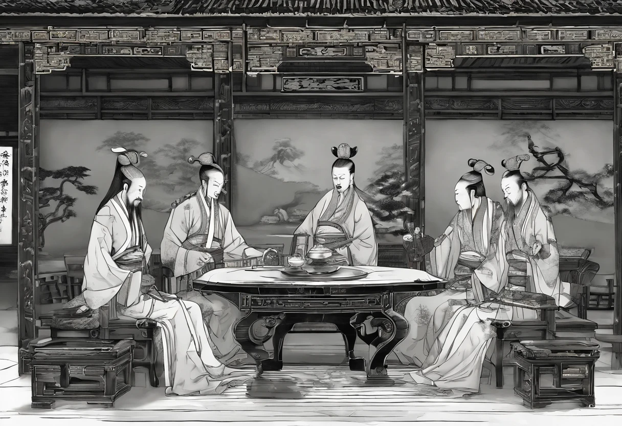 (Chinese Ancient Architecture:1.3),(Two ancient Chinese emperors:1.4)wearing traditional robes,One represents the Northern Song Dynasty,One represents the Jin Dynasty,Sit face to face at a large wooden table,(pergaminhos:1.2),(quill:1.2)On a table,(Inkstone:1.2),(waxy candles:1.2)Provide light,They had serious expressions on their faces,(Map of ancient China:1.3)Spread out on the table,(sigils:1.2)In the hands of an emperor。(Ancient Chinese soldiers:1.3)Stand in line behind your back in armor,(Interior of the palace:1.3),(Wooden beams:1.2),(Traditional chinese painting:1.2)Held on the wall,(lanterns:1.2)Hang from the ceiling,(Stone floor:1.2),(wood furnishings:1.2),(Ancient Chinese calligraphy:1.2)On the reels,(tea set:1.2)On a table,(Silk fabric:1.2)on a chair,(Gold ornaments:1.2)On the emperor's robe,(Jade:1.2)On the emperor,(sbeard:1.2)On the emperor。(Ancient Chinese hairstyle:1.2)About the emperor,(serious:1.4)big breasts and big breasts(Jumpy:1.4)atmosphere,(Historically:1.3)big breasts and big breasts(the detail:1.3)Scenes,(A high resolution:1.4),(hyper realisitc:1.4),(4k:1.4), (8k:1.4),(tmasterpiece:1.4),(best qualtiy:1.4)。