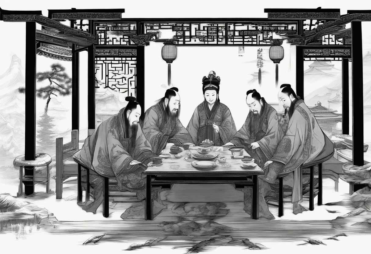 (Chinese Ancient Architecture:1.3)，(Two ancient Chinese emperors:1.4)wearing traditional robes，One represents the Northern Song Dynasty，One represents the Jin Dynasty，Sit face to face at a large wooden table，(pergaminhos:1.2)，(quill:1.2)On a table，(Inkstone:1.2)，(waxy candles:1.2)Provide light，They had serious expressions on their faces，(Map of ancient China:1.3)Spread out on the table，(sigils:1.2)In the hands of an emperor。(Ancient Chinese soldiers:1.3)Stand in line behind your back in armor，(Interior of the palace:1.3)，(Wooden beams:1.2)，(Traditional chinese painting:1.2)Held on the wall，(lanterns:1.2)Hang from the ceiling，(Stone floor:1.2)，(wood furnishings:1.2)，(Ancient Chinese calligraphy:1.2)On the reels，(tea set:1.2)On a table，(Silk fabric:1.2)on a chair，(Gold ornaments:1.2)On the emperor's robe，(Jade:1.2)On the emperor，(sbeard:1.2)On the emperor。(Ancient Chinese hairstyle:1.2)About the emperor，(serious:1.4)big breasts and big breasts(Jumpy:1.4)atmosphere，(Historically:1.3)big breasts and big breasts(the detail:1.3)Scenes，(A high resolution:1.4)，(hyper realisitc:1.4)，(4k:1.4)， (8k:1.4)，(tmasterpiece:1.4)，(best qualtiy:1.4)。