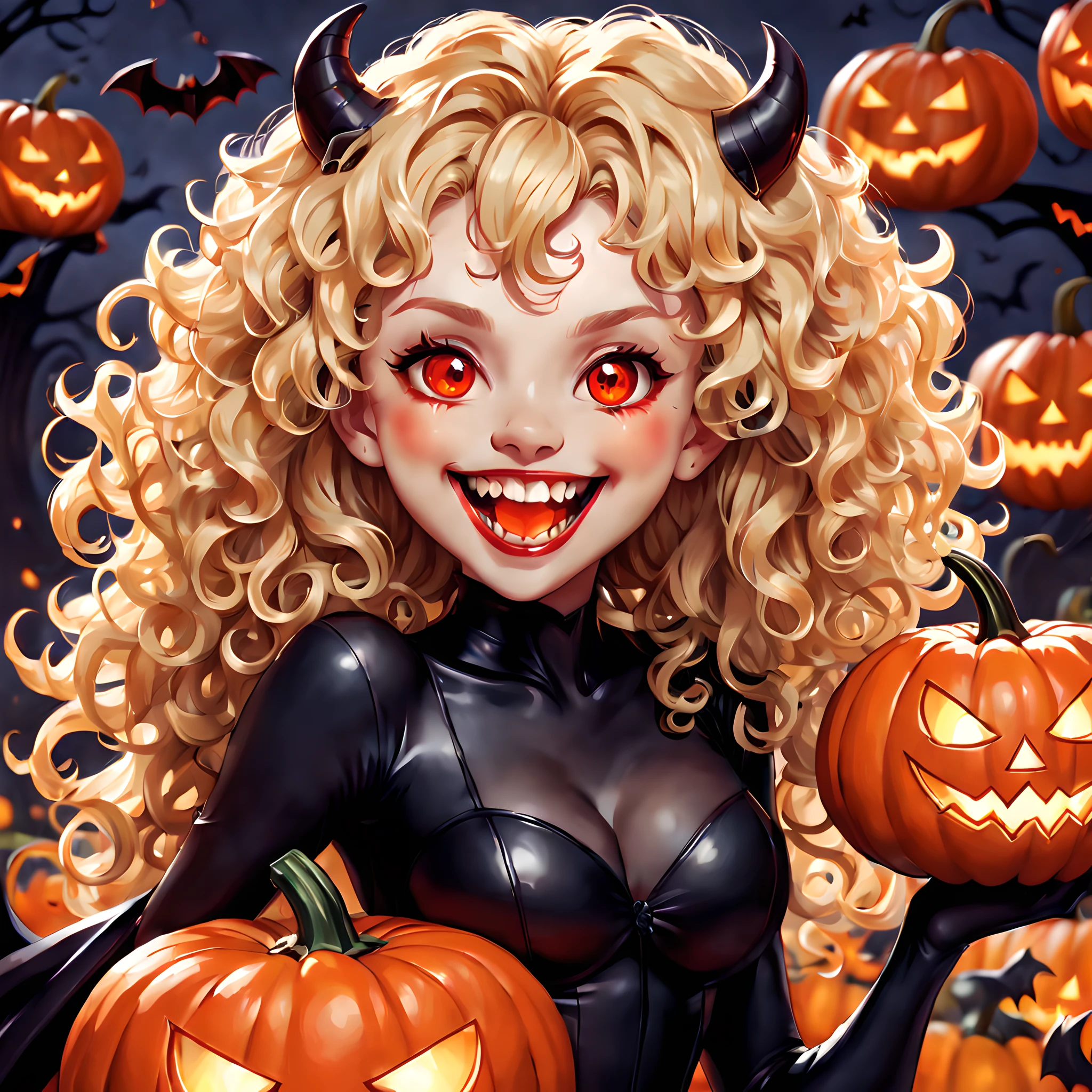 Devil, black devil, cute devil, anime illustration, ultra detailed, hyper sharp image, fangs. blonde wavy curly long hair, wearing rubber costume, halloween festival, jack o'lantern, ghost, happy smile, cute smile, red eyes, eating pumpkin,