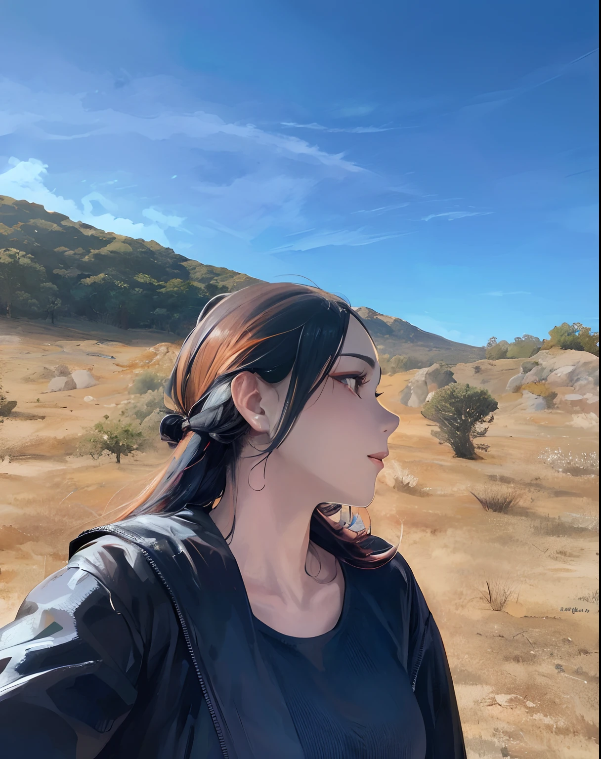 1 beautiful girl, facing sideways, an explorer, beautiful face, beautiful eyes, thin lips, sharp nose, black orange hair, wearing a plain black t-shirt and black parachute jacket, beautiful breasts