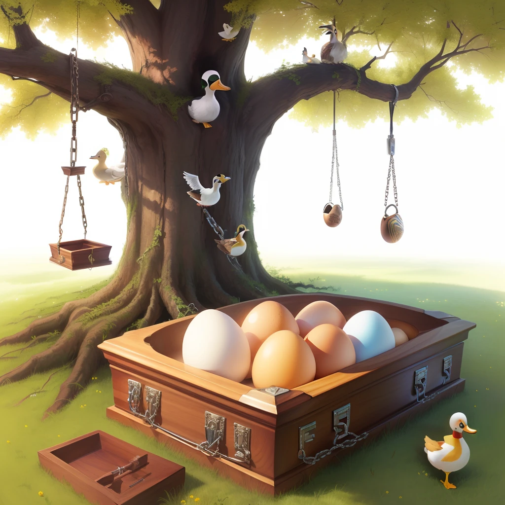 a needle in an egg, an egg in a duck, a duck in a hare, a hare hidden in a casket, a casket hanging in chains on an oak tree