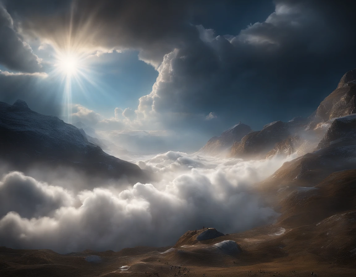 The Rapture ,Thousands of people are floating in the air,Standing on the clouds, Thousands of people are dressed in white, Raise your hands and sing hymns to praise God. The scenes are magnificent and surreal. (Best Quality, 4k, 8K, high resolucion, Masterpiece:1.2), Ultra-detailed, (realisitic, Photorealistic, Realistis:1.37), portrait of a, Vivid colors, studio lit, Sharp focus, physics based rendering, extreme detail description, Biblical Topics, grand ambience, radiant light.