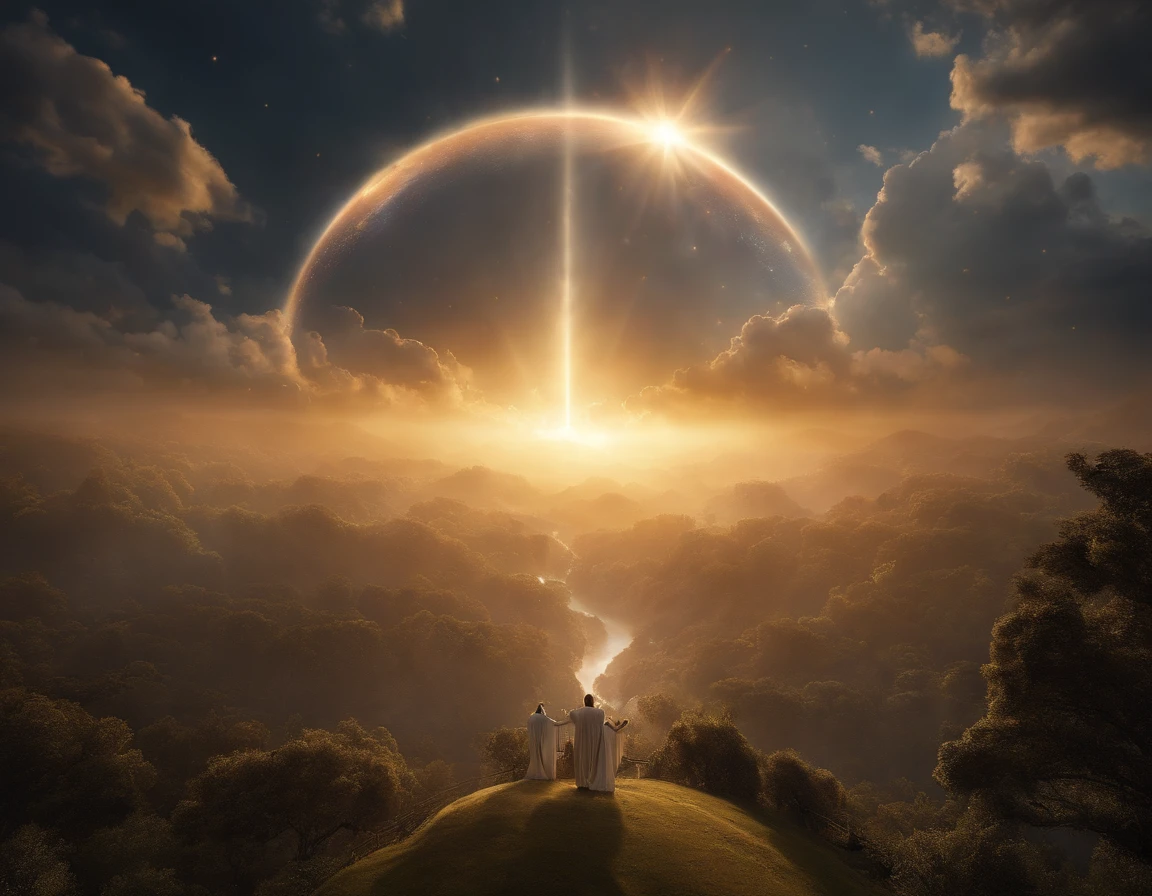 The Rapture ,Thousands of people are floating in the air,Standing on the clouds, Thousands of people are dressed in white, Raise your hands and sing hymns to praise God. The scenes are magnificent and surreal. (Best Quality, 4k, 8K, high resolucion, Masterpiece:1.2), Ultra-detailed, (realisitic, Photorealistic, Realistis:1.37), portrait of a, Vivid colors, studio lit, Sharp focus, physics based rendering, extreme detail description, Biblical Topics, grand ambience, radiant light.