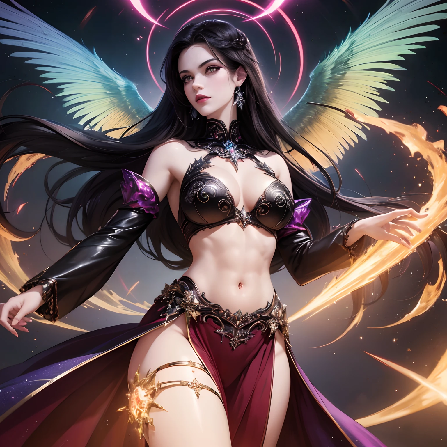 from below, finest image, (8k, RAW photo, realistic), beautiful devil queen, condescending gaze, blue shining sharp slit eyes, long eyelashes, double eyelids, crimson alluring moist big thick lips, abs, slender, perfect proportion, iridescent big rainbow-colored wings, has a fireball, black lace robe, black body painting suit and gold tattoos, blurry background fantasy, galaxy, iridescent light particles, iridescent lines, rainbow-colored neon lights, detailed and delicate depiction, professional lighting