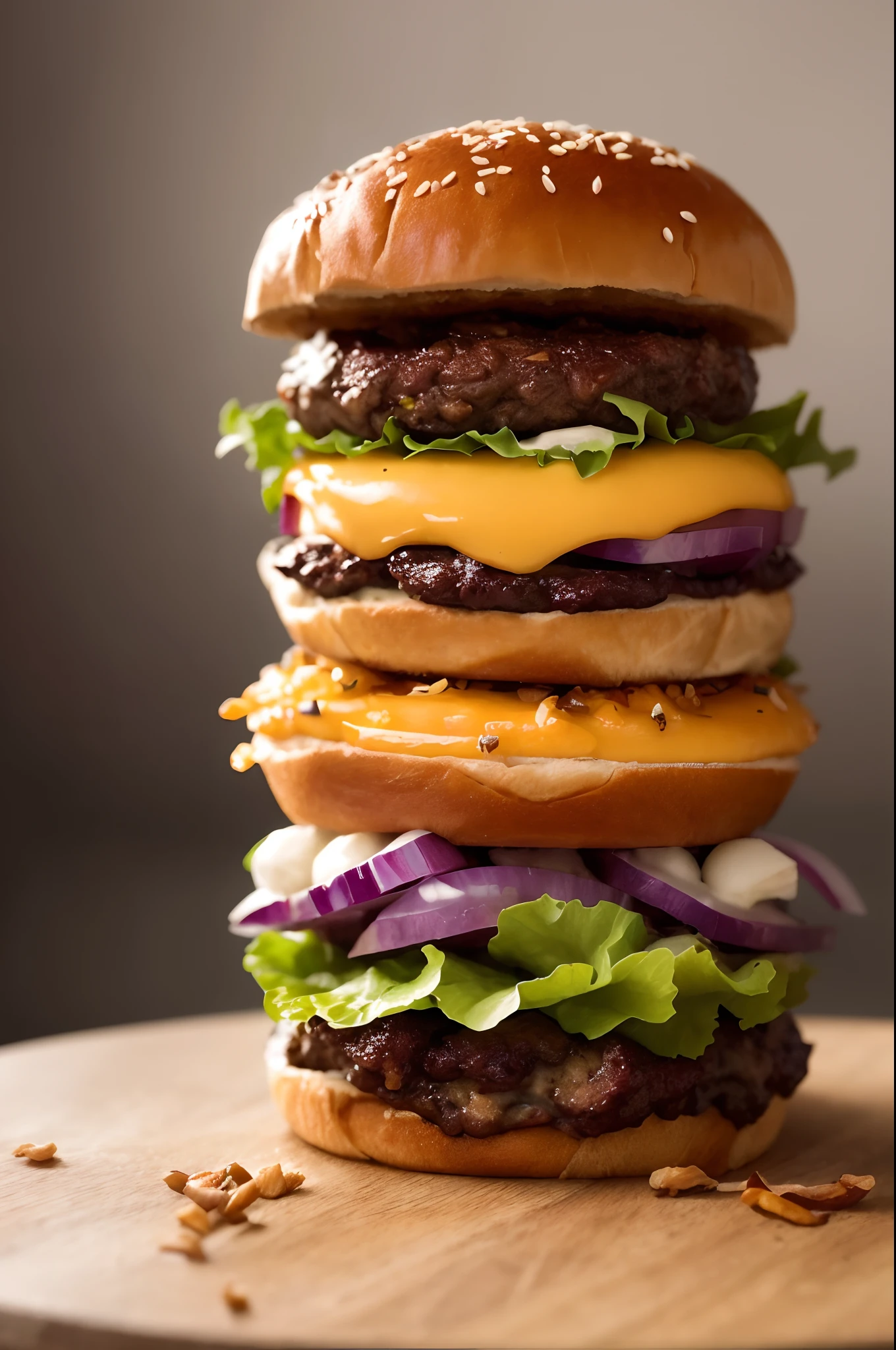 (best quality,4k,8k,highres,masterpiece:1.2),ultra-detailed,(realistic,photorealistic,photo-realistic:1.37),juicy delicious burger,mouthwatering,appetizing,hamburger craving,tempting,perfectly cooked beef,flavorful ingredients,freshly baked bun,thick melted cheese,tasty pickles,crispy lettuce and tomatoes,savory bacon and mushrooms,gourmet condiments,stacked high with toppings,irresistible aroma,satisfying size and portion,stunning presentation,meticulously arranged,highlights the textures and colors,amazing colors and contrasts,expertly captured,deliciousness brought to life with vivid tones,delectable masterpiece,dynamic lighting to enhance the appetizing look,subtle highlights that accentuate the juiciness,enticing shadows that create depth and dimension,captivating composition that draws you in.