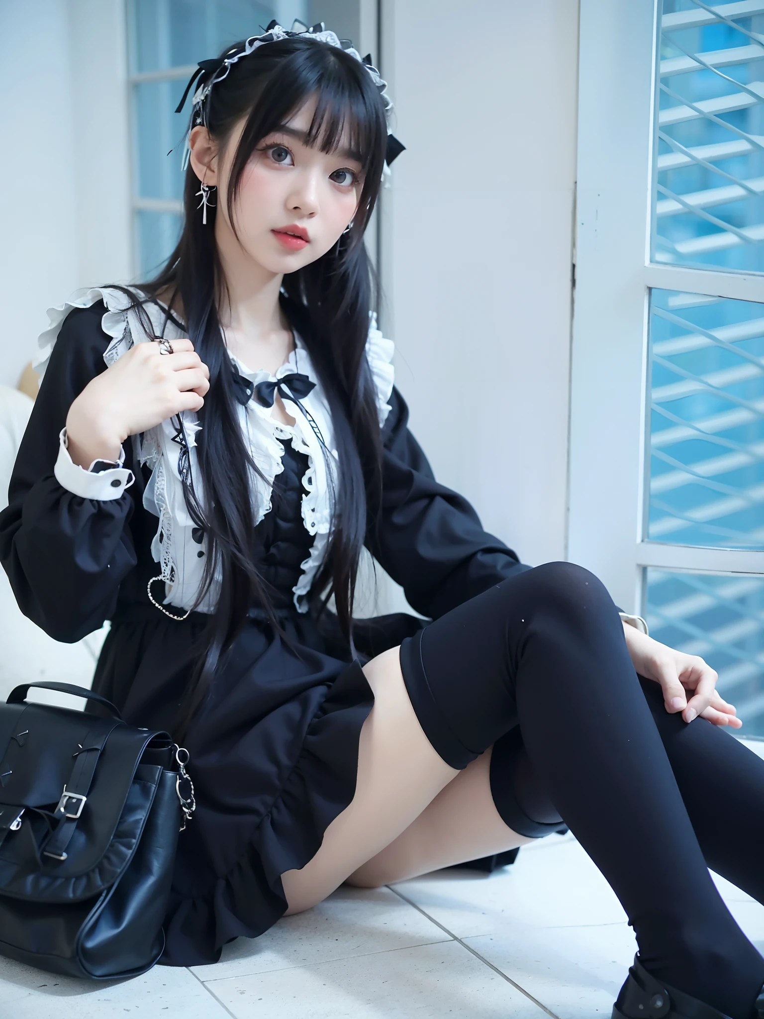 girl, dressed in white long sleeves, with a black vest and knee-length black skirt, slightly narrow, red eyes, detailed eyes, long black socks, school shoes, has cat ears, has short black hair like a boy, but has a lot of hair, the sides of her hair stick out, she is a calm girl, short hair like boy, long black dress