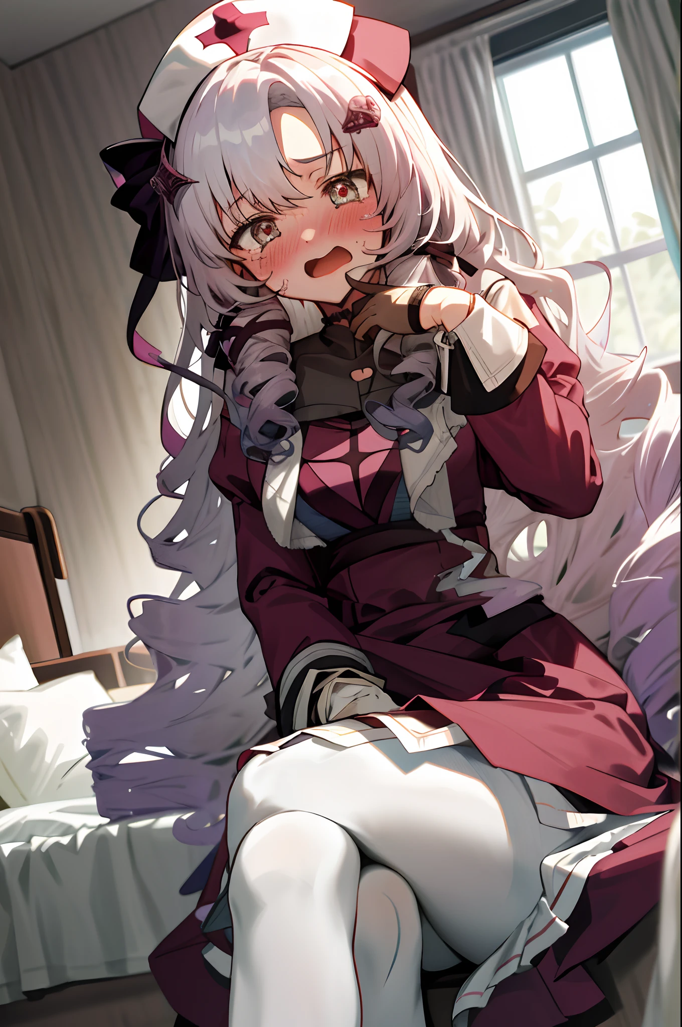 One girl with long wavy hair, looking at viewer, embarrassed, blushing, tears, open mouth, indoor , nurse, white shirt, puff long sleeves, mini skirt, thigh, perfect waist, noon atmosphere, hair ornament, sit on, crossed legs, bed , lace gloves, white pantyhose, nurse hat, (embarrassed:1.0)