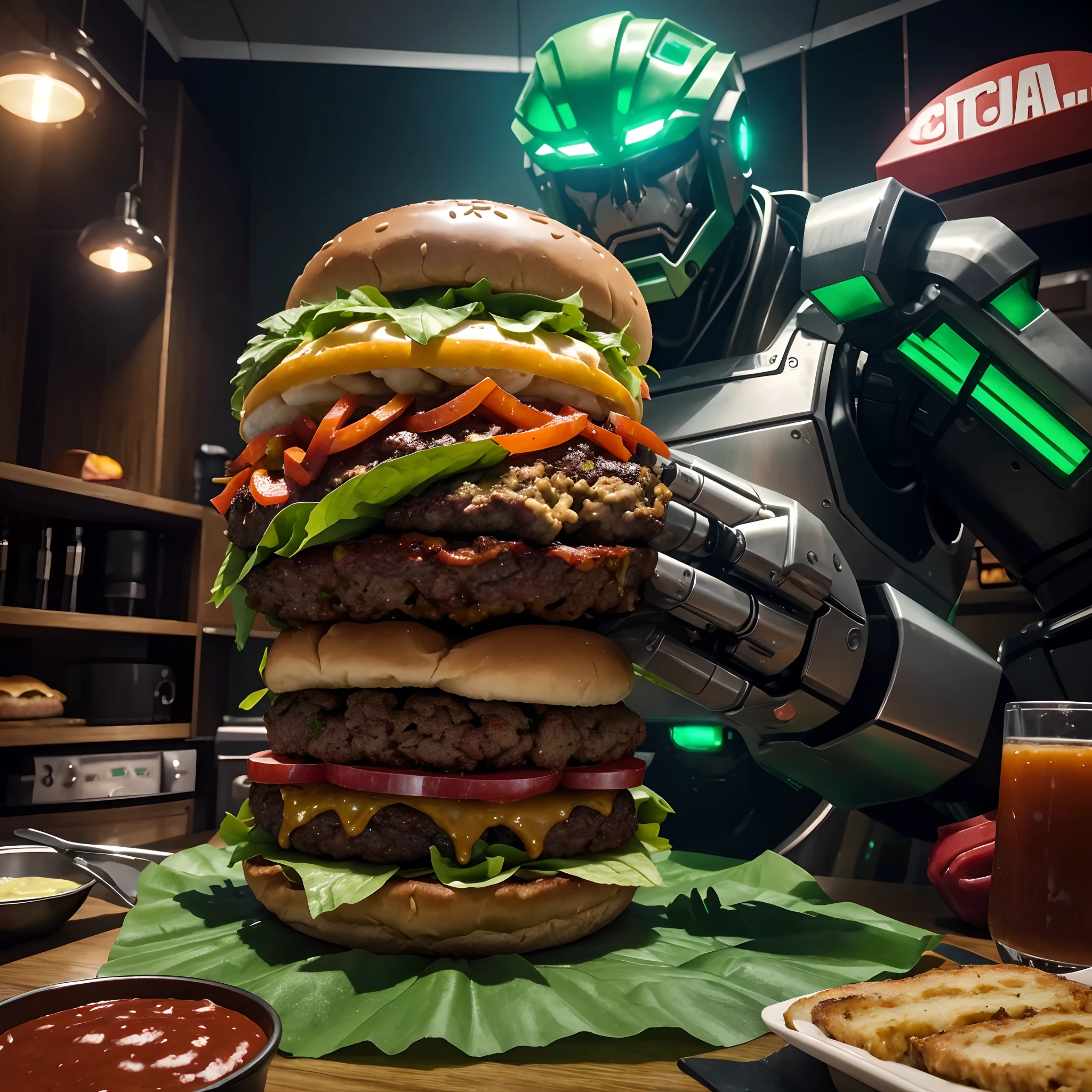 Giant burger monster, gigantic monster, Hamburger shape, Emerald green leaves sandwiched among the meatloaf，A large amount of gravy drips from the inside of the burger,With mechanical parts, mechanical leg, Mechanicalweapon, (Best quality, 4K, A high resolution, Masterpiece:1.2), Ultra-detailed, (Realistic:1.37), Similar to a robot, towering, menacing, Futuristic, Surreal, Vibrant colors, Dramatic lighting