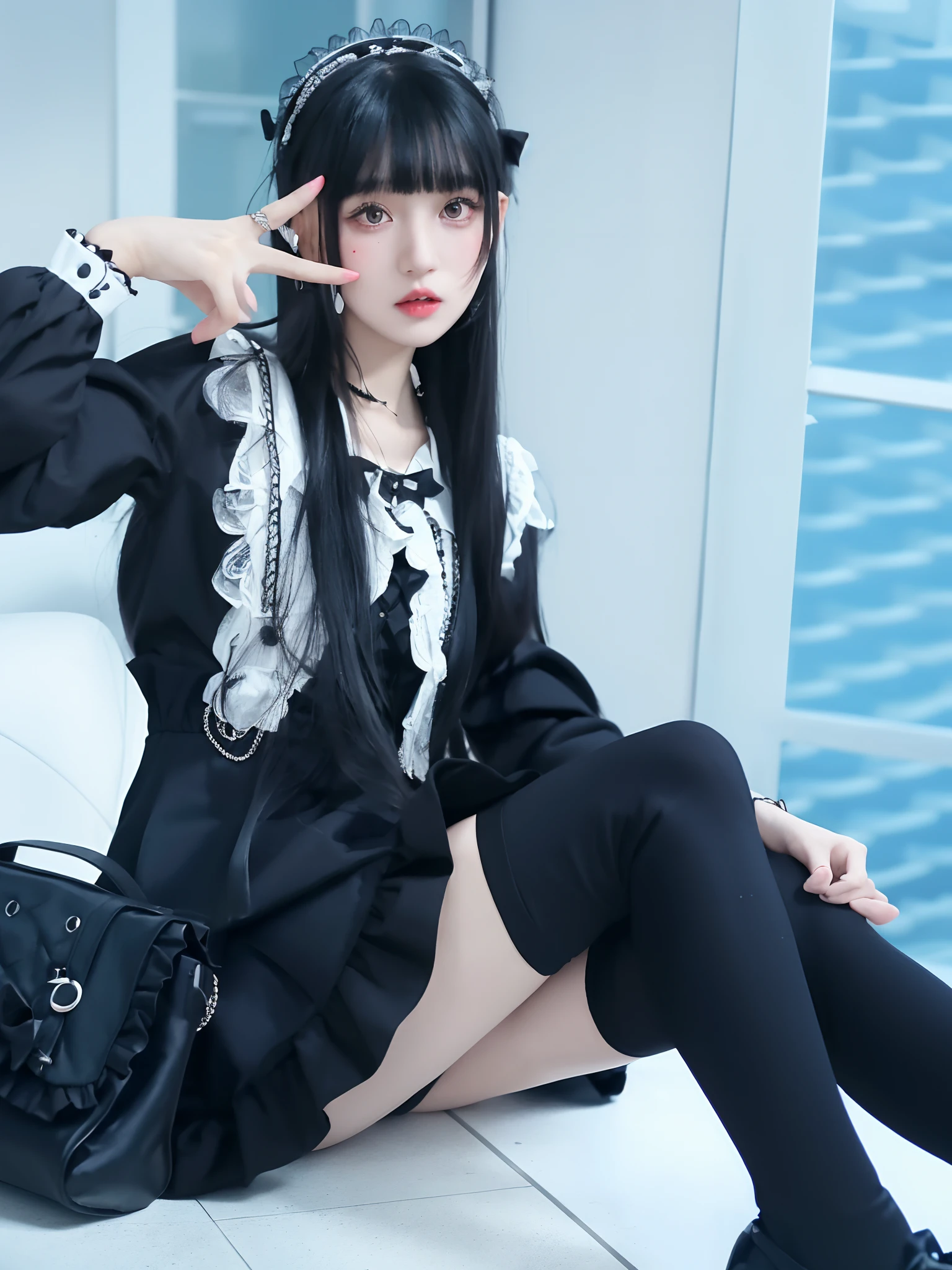 Arakfi girl in black dress and white collared shirt, Anime girl wearing black dress, Anime girl cosplay, ulzzangs, Long black hair with bangs, 1 7 - year - old anime goth girl, portrait of radical lolita girl, portrait of magical lolita girl, black gothic lolita dress, Lolita style, sui ishida with black hair